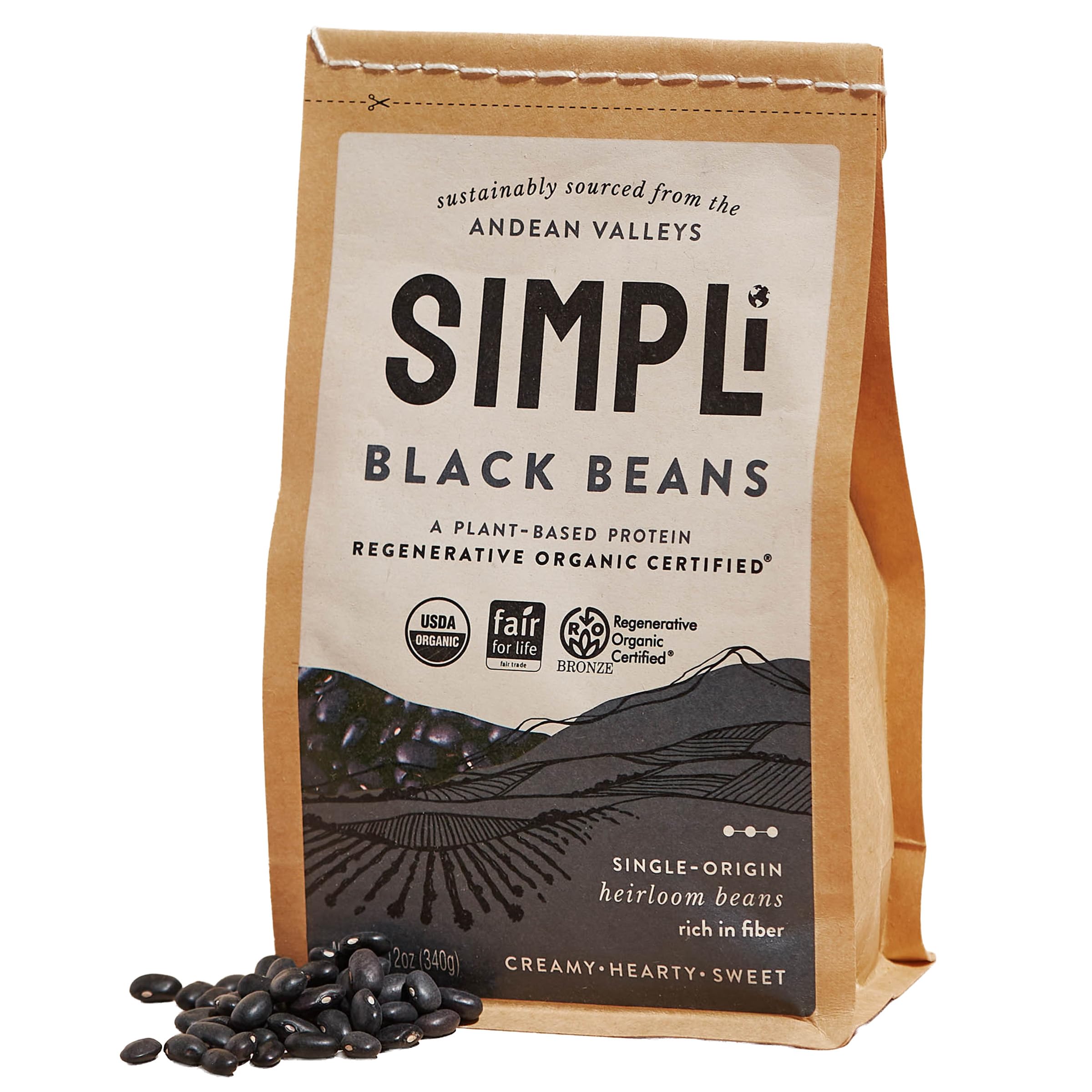 SIMPLi Regenerative Organic Certified Black Beans, 12 OZ (1-Pack) | USDA Organic Plant Protein Slow-Digesting Carbs & Antioxidants w/ a Creamy Texture & Mild Flavor for Versatile Everyday Meals