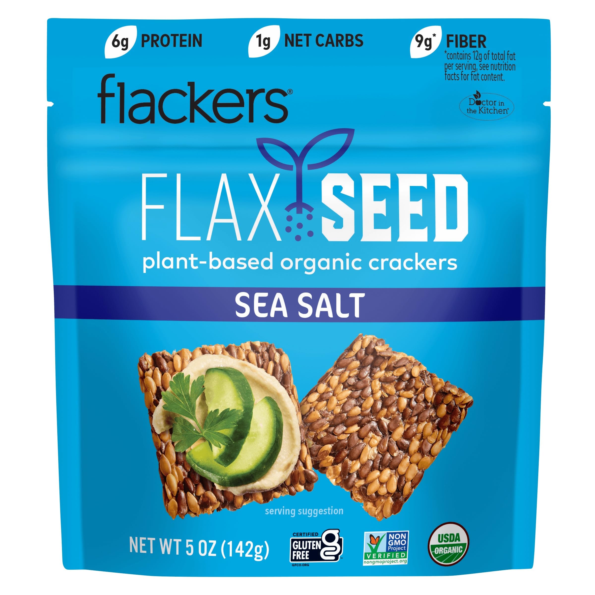Doctor In The Kitchen, Crackers Flax Sea Salt Organic, 5 Ounce | Organic, Gluten Free, Non-GMO, Vegan, Keto Snack, 9g Fiber, 1g Net Carbs
