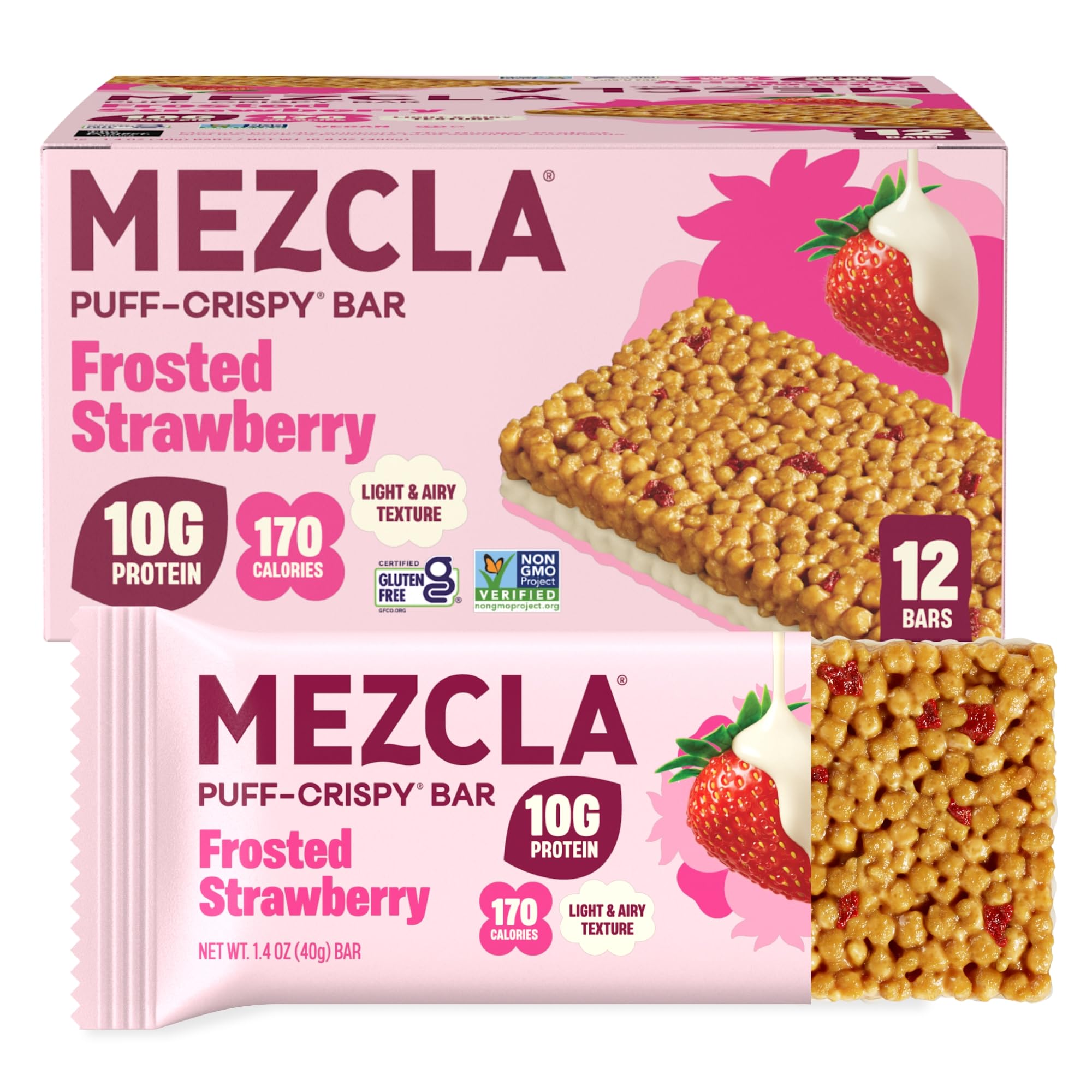 Mezcla Frosted Strawberry Puff Crispy Vegan Bars,10g Protein,12 Bars | Gluten Free, Alternative for Crispy Rice Treat, Granola, & Breakfast Bars, Healthy Snack for Adults