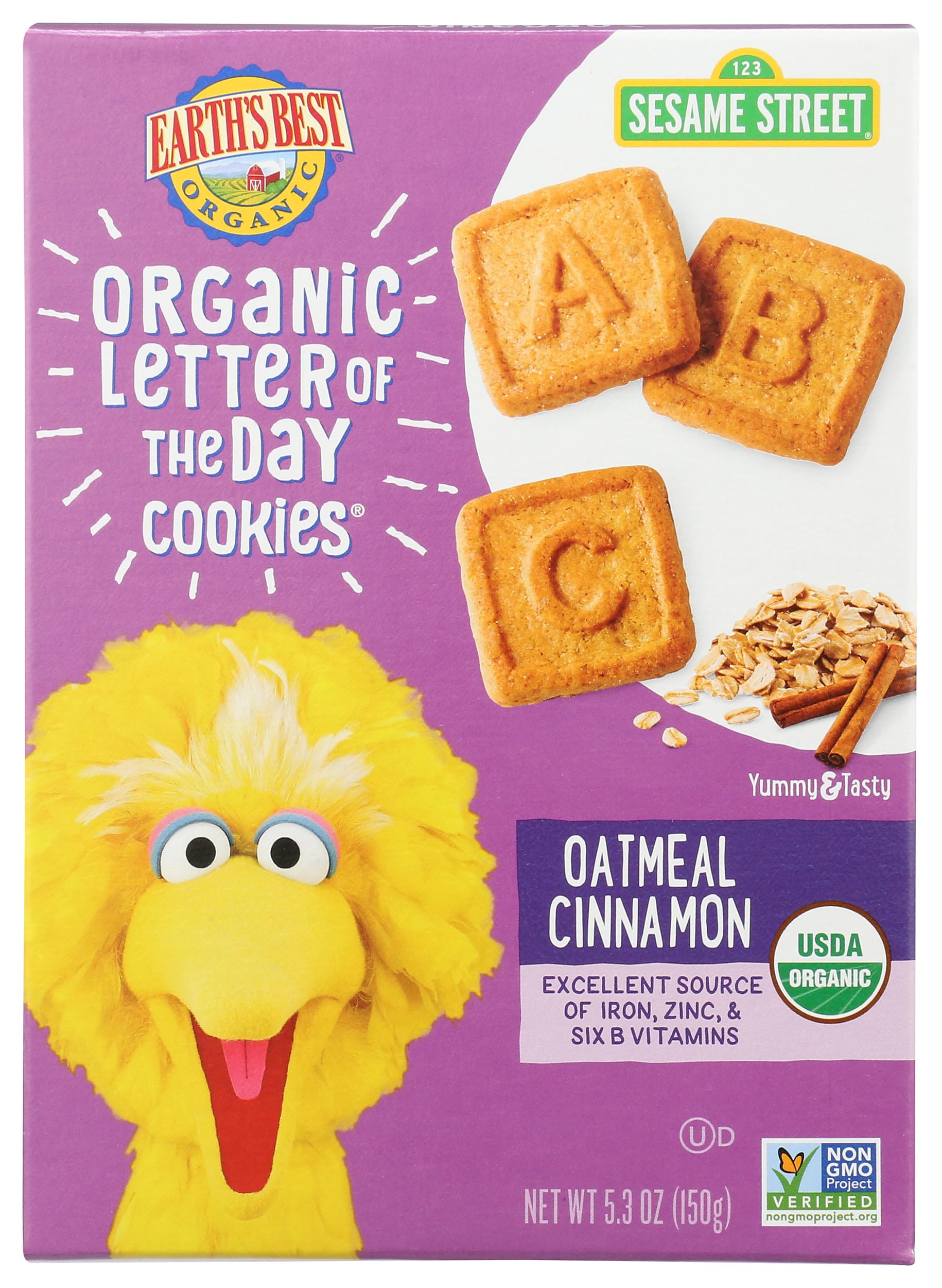 Earth's Best Organic Letter of the Day Cookies for Toddlers 2 Years Old and Up, Oatmeal Cinnamon Flavor, 5.3 Ounce Box