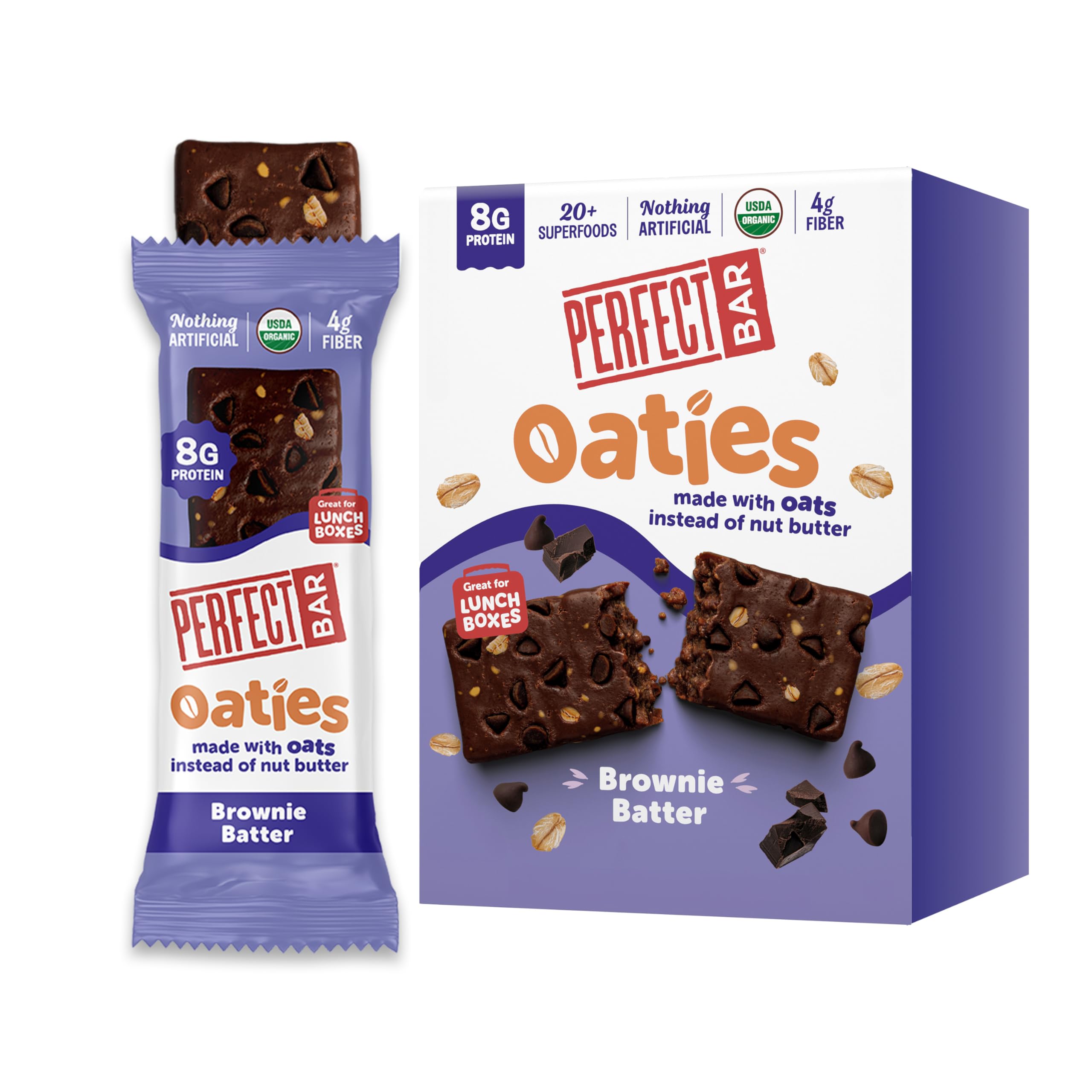 Perfect Bar Oaties Oatmeal Cookie Dough Protein Bars, Kosher, 1.83 oz, 4 Ct | 8g protein, 3g fiber, made with oats instead of nuts, organic honey, 20+ superfoods, gluten-free, family pack, lunchbox snack