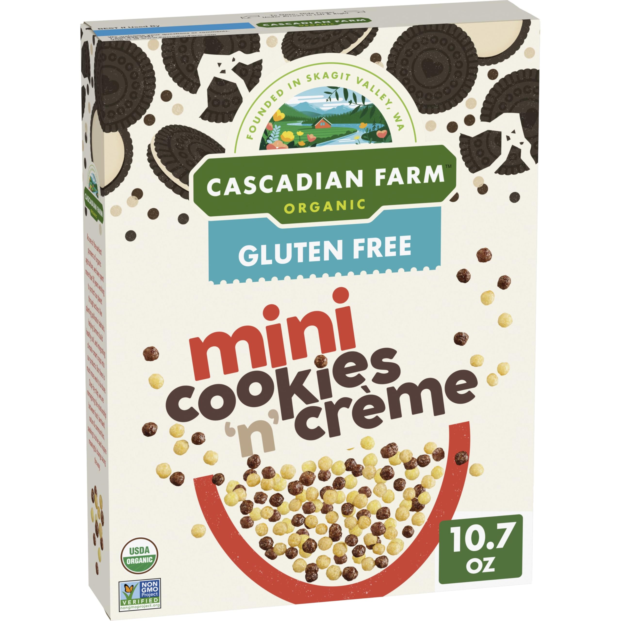 Cascadian Farm Organic Mini Cookies 'n' Creme Cereal, 10.7 oz | 17g Whole Grain per Serving, No Artificial Flavors or Colors, USDA Organic, Miniature Puffs, Great with Milk, 10.7 oz