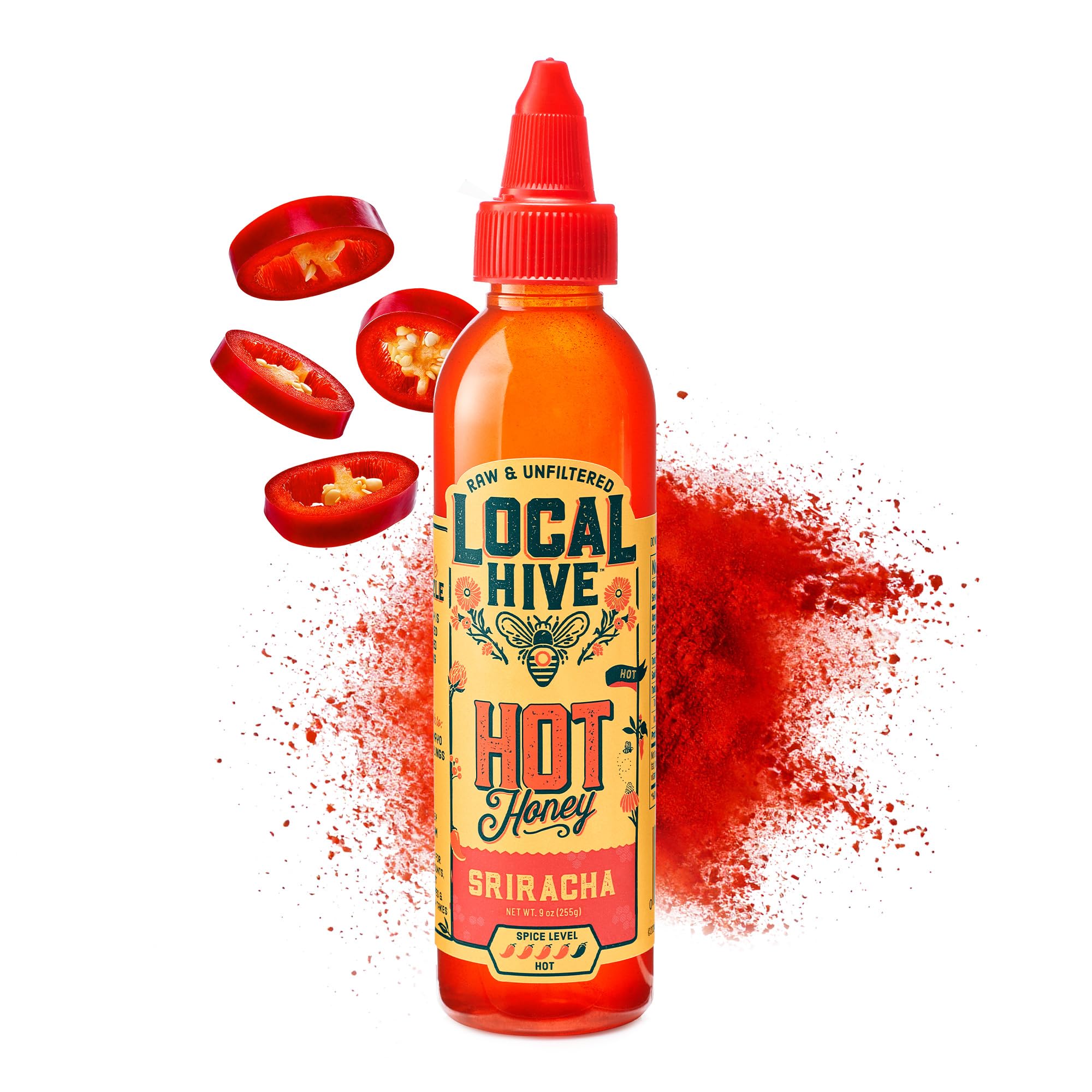 Local Hive Sriracha Hot Honey – 9 oz, Sweet & Spicy, Natural Raw Honey with Hot Pepper Blend for Drizzling, Dipping, Tacos, BBQ, Grilling, and Cooking