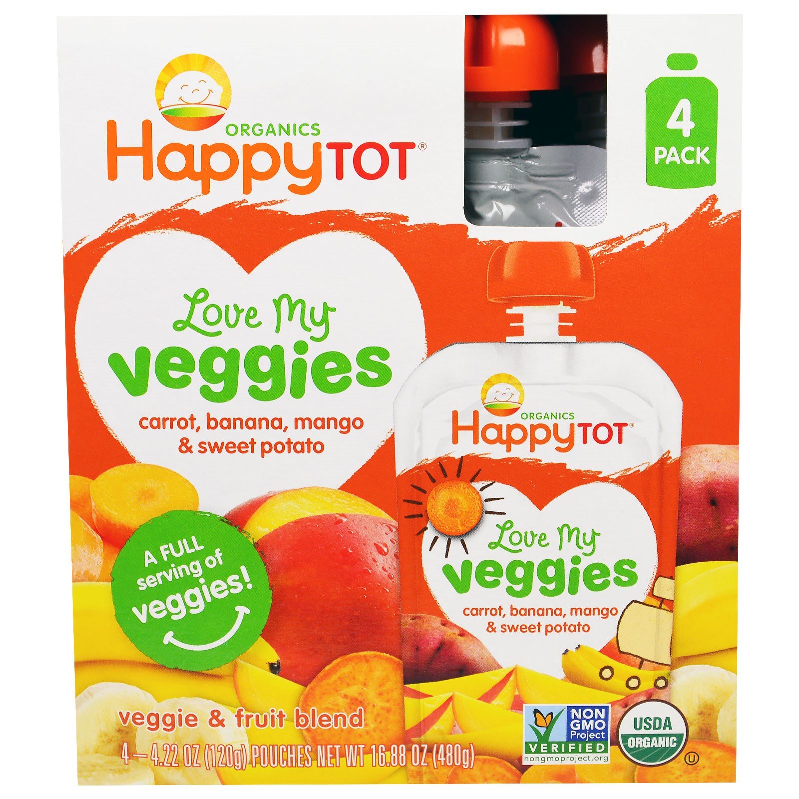 HAPPY TOT Organic Carrot Banana Mango Sweet Potato Pouch 4pk, 16.88 OZ
