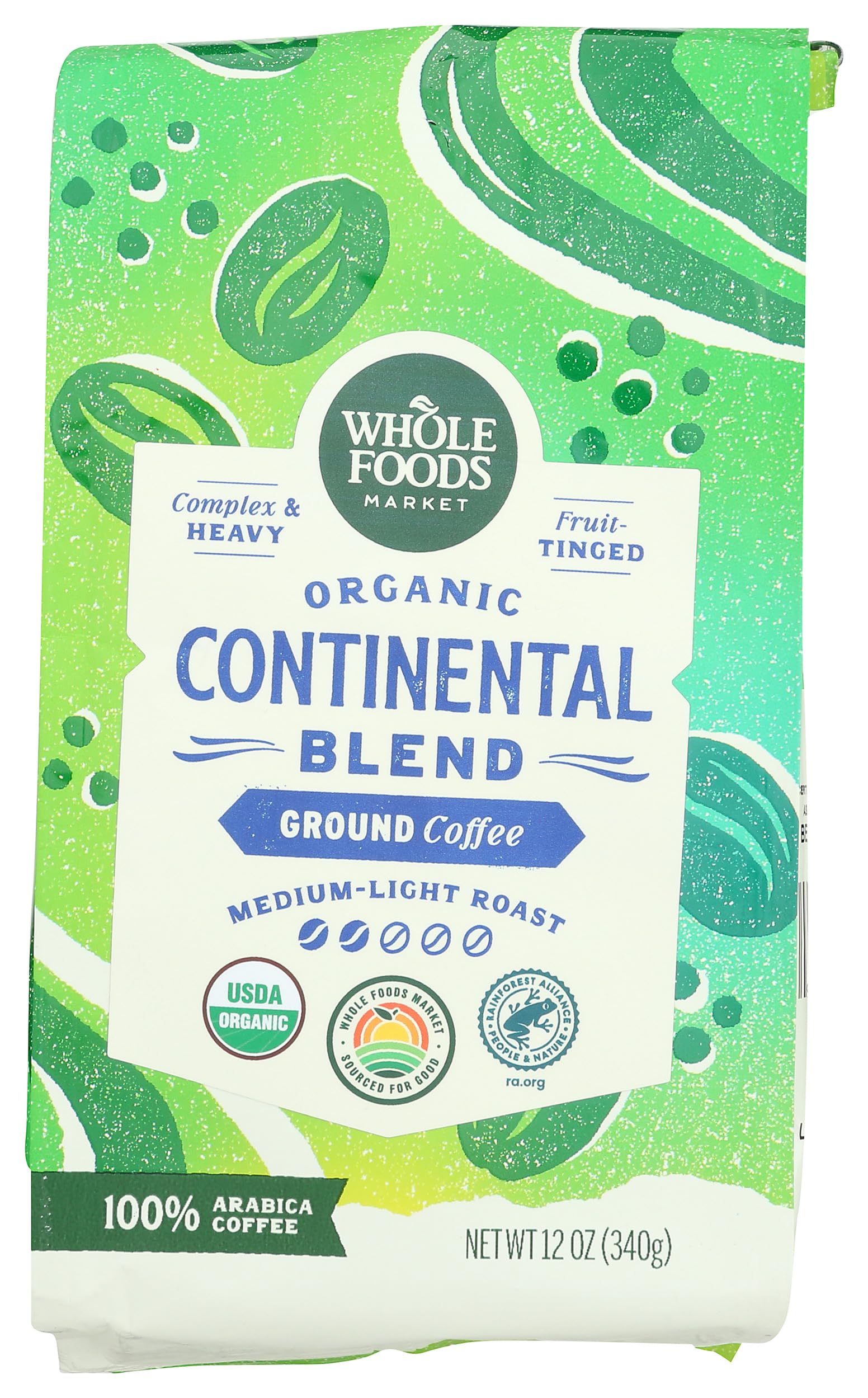 Organic Continental Blend Ground Coffee, Medium-Light Roast, Complex & Heavy, Fruit-Tinged, 12 Ounce