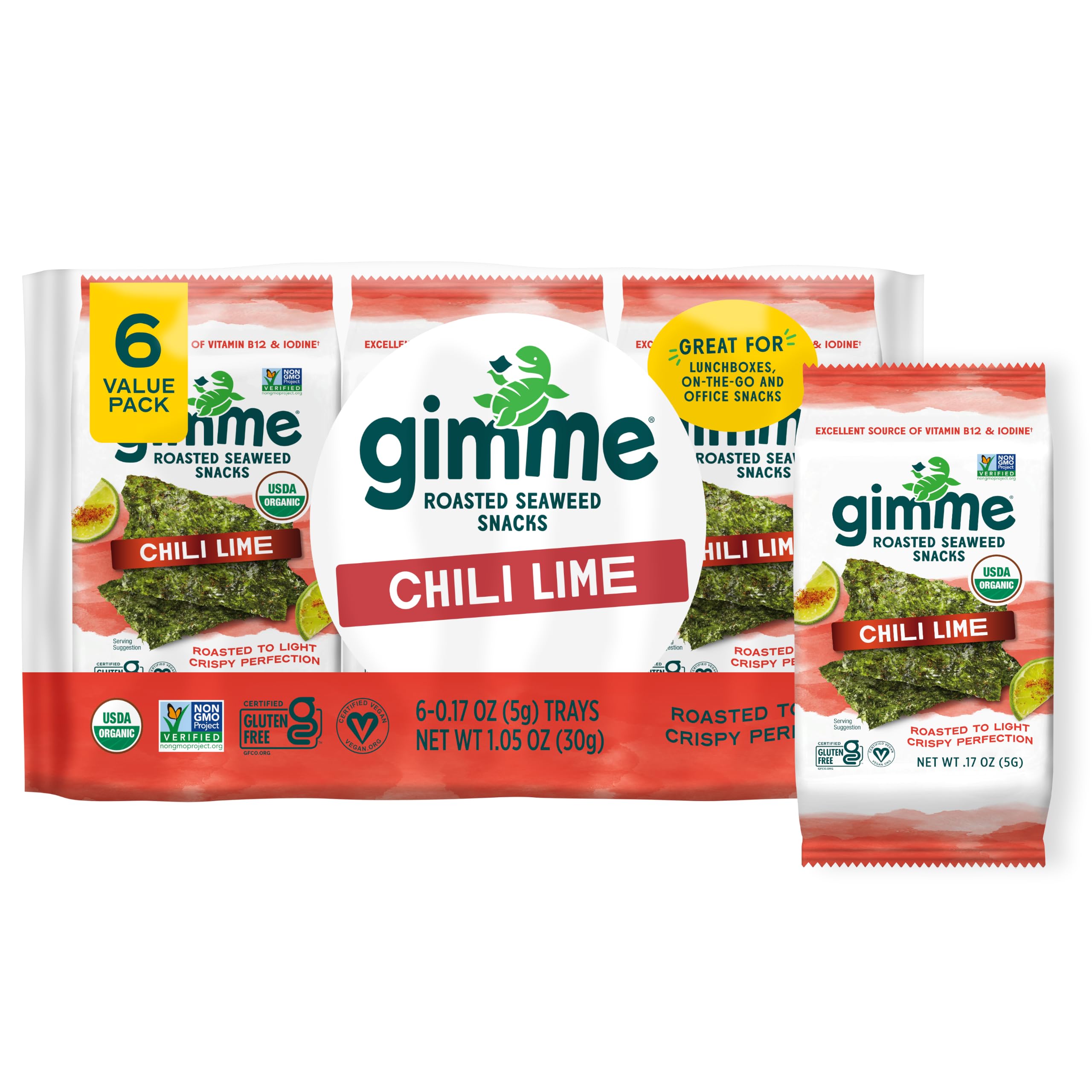 Gimme Seaweed Organic Premium Roasted Seaweed Snack Chili Lime, .17oz, 6 CT | Keto, Vegan, Gluten Free, Great Source of Iodine & Omega 3’s, Healthy On-The-Go Snack for Kids Adults