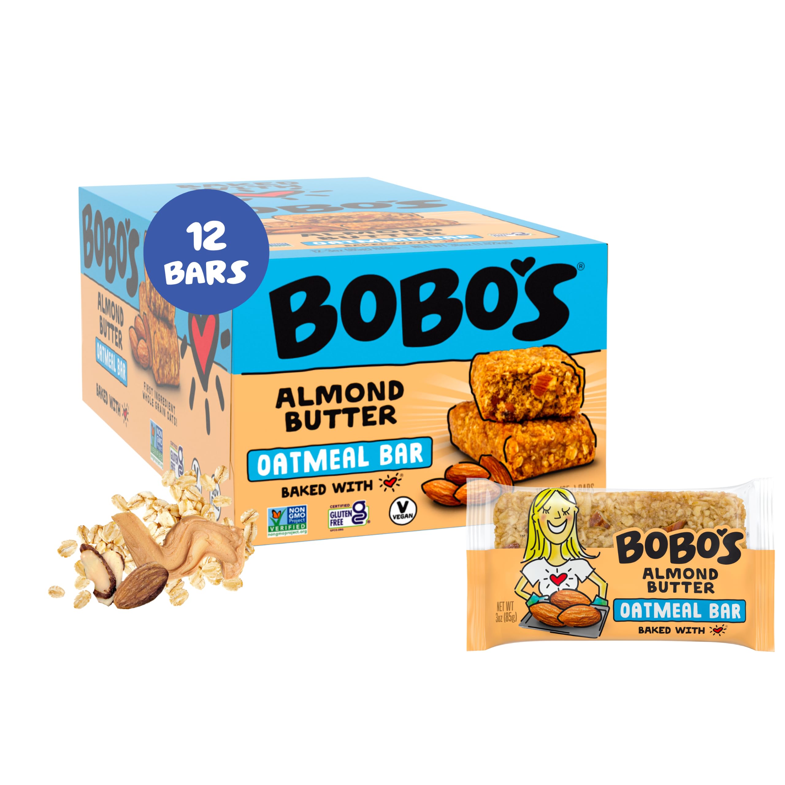 Bobo's Soft Baked Oatmeal Bars, Almond Butter, 3oz (12 ct) | Gluten Free, Healthy Meal Replacement Bars for Adults & Kids, Simple Ingredients, Whole Grain Oats, Plant Based, Non-GMO