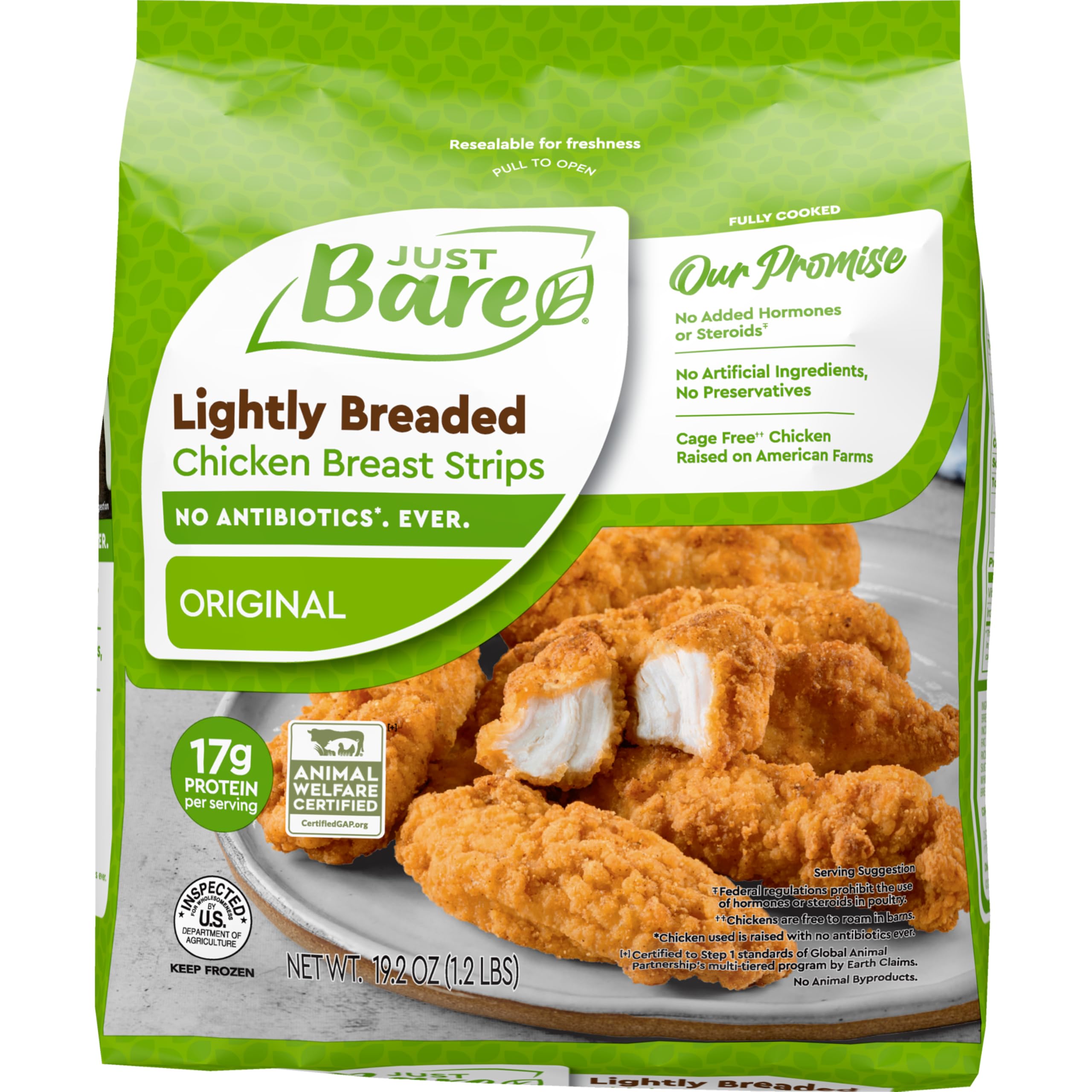 Just Bare® Lightly Breaded Chicken Breast Strips, Fully Cooked, 17g Protein, No Antibiotics Ever, Frozen, 19.2 oz