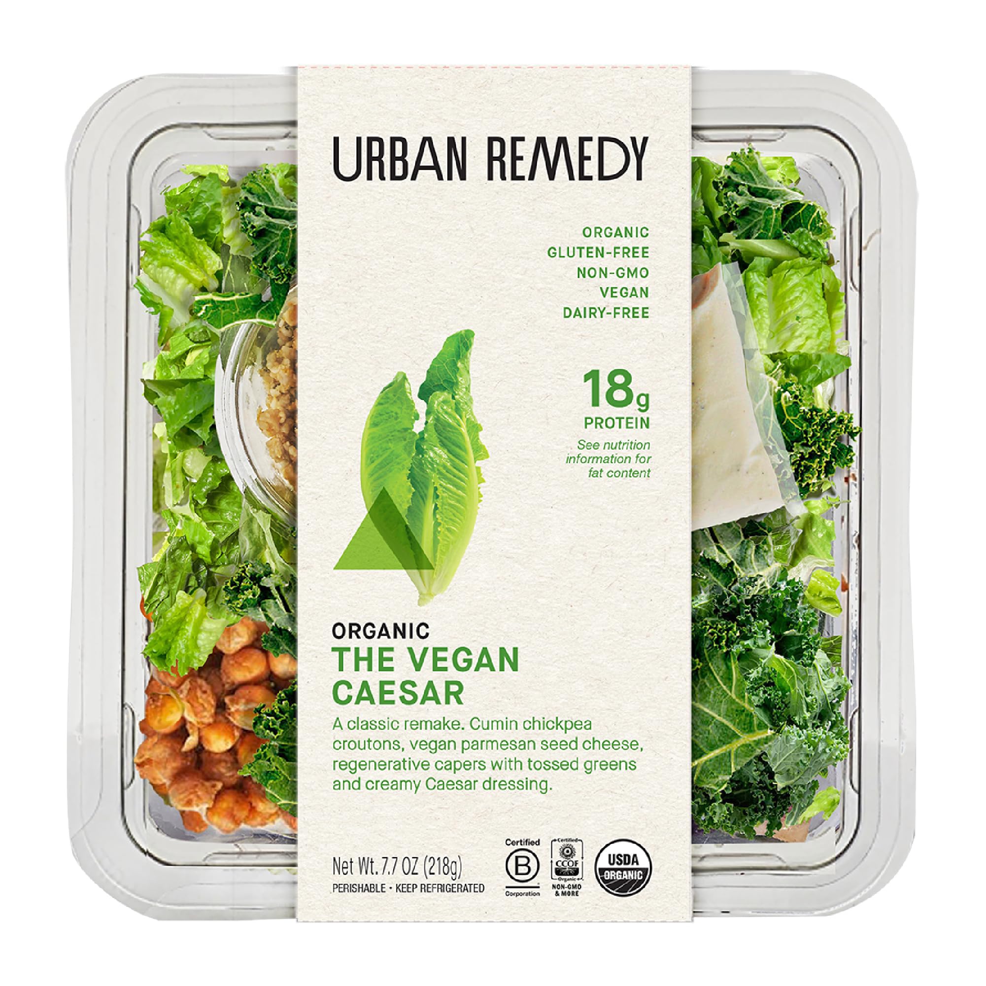 Urban Remedy Vegan Caesar Salad, 7.7 oz, Plant-Based with Kale, Chickpea Croutons, Vegan Parmesan Seed Cheese & Creamy Dressing, Organic, Gluten-Free, Dairy-Free, Healthy On-the-Go Lunch or Dinner