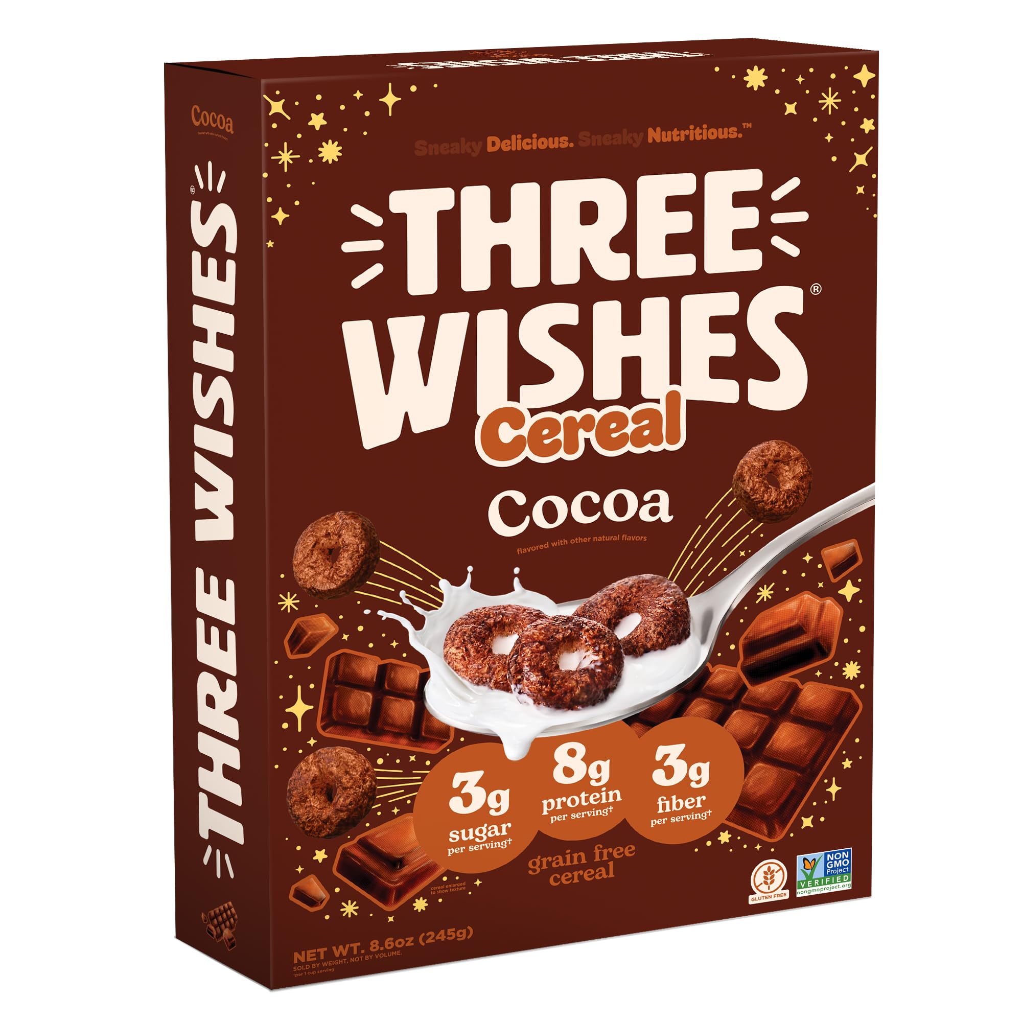 Three Wishes Gluten Free Protein Cereal, Healthy, Vegan, 1pk Cocoa | 8g Protein and 3g Fiber Breakfast Cereal - Healthy, Low Sugar, Gluten Free, Non-GMO