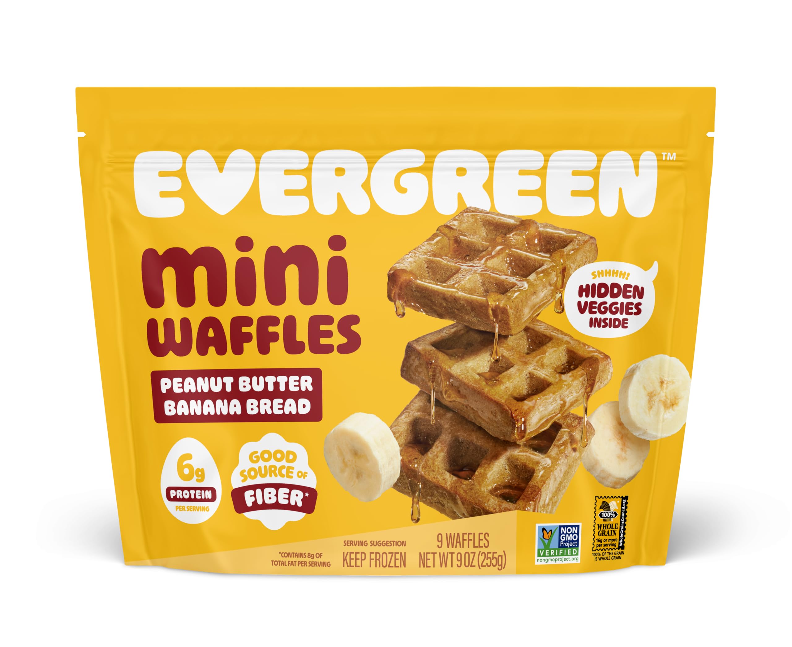 Evergreen Peanut Butter Banana Bread Waffles, 100% Whole Grain, 1 Full Combined Serving of Fruits & Veggies, Supports Gut Health, Dairy-Free, No Preservatives, 9 Frozen Waffles per Bag