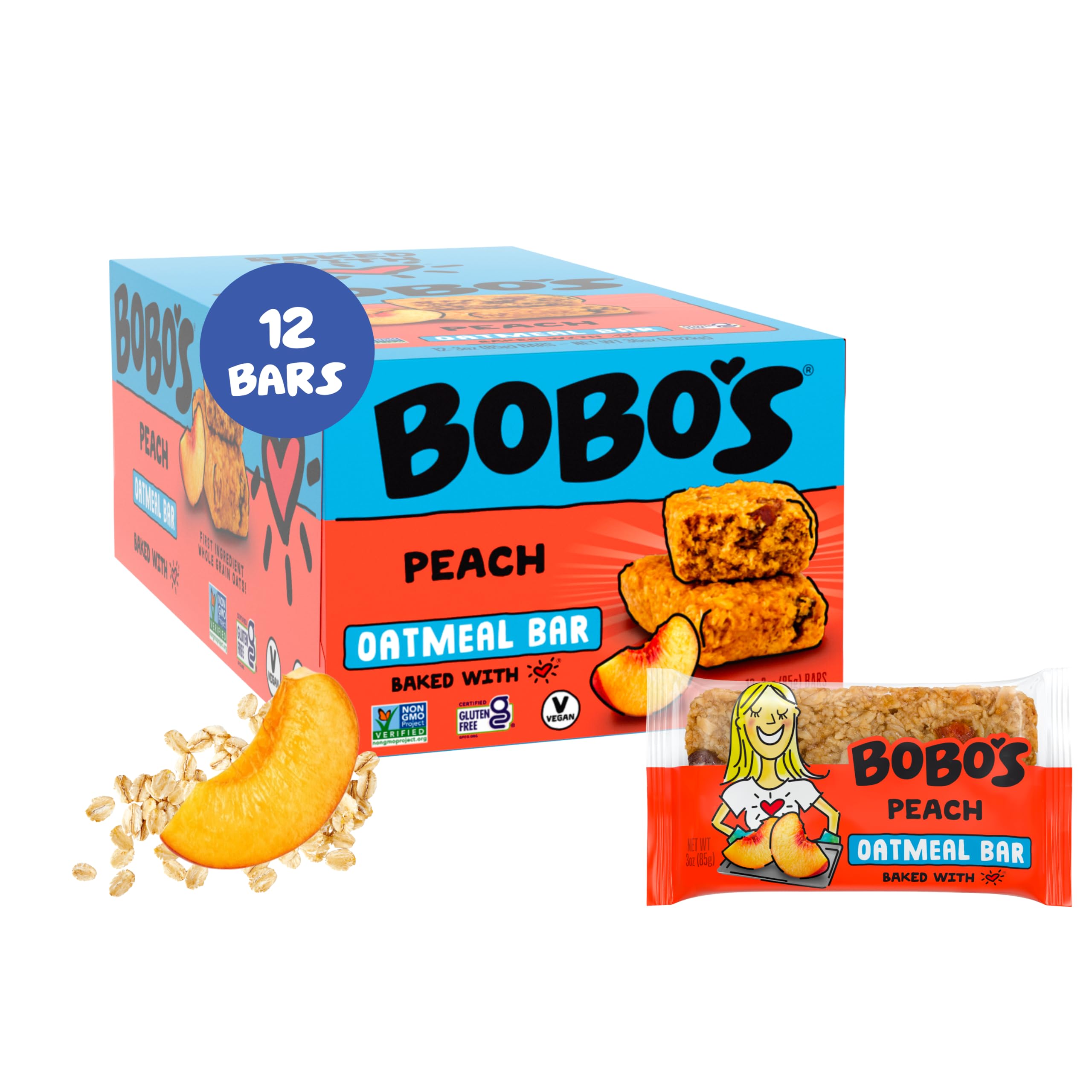 BOBO's Peach Oat Bars, Simple Ingredients, Whole Grain Oats, Plant Based, Gluten Free Breakfast Bars, Non-GMO, Healthy Snacks for Adults & Kids (12 Bars)