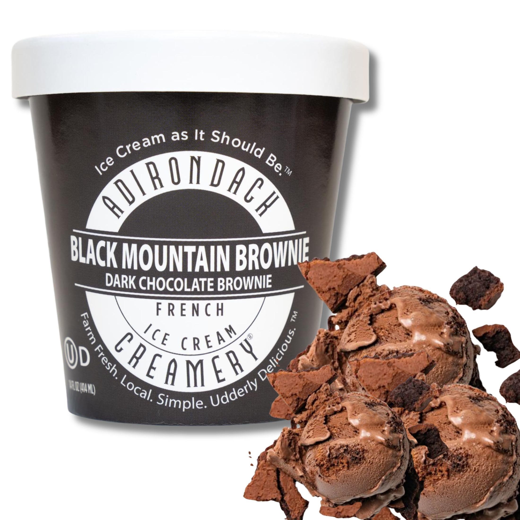 Adirondack Creamery - French Ice Cream - Black Mountain Brownie - All Natural, Kosher, & Cruelty-Free - Sourced from Local Farms - Made w/Fudge Brownie - 14oz