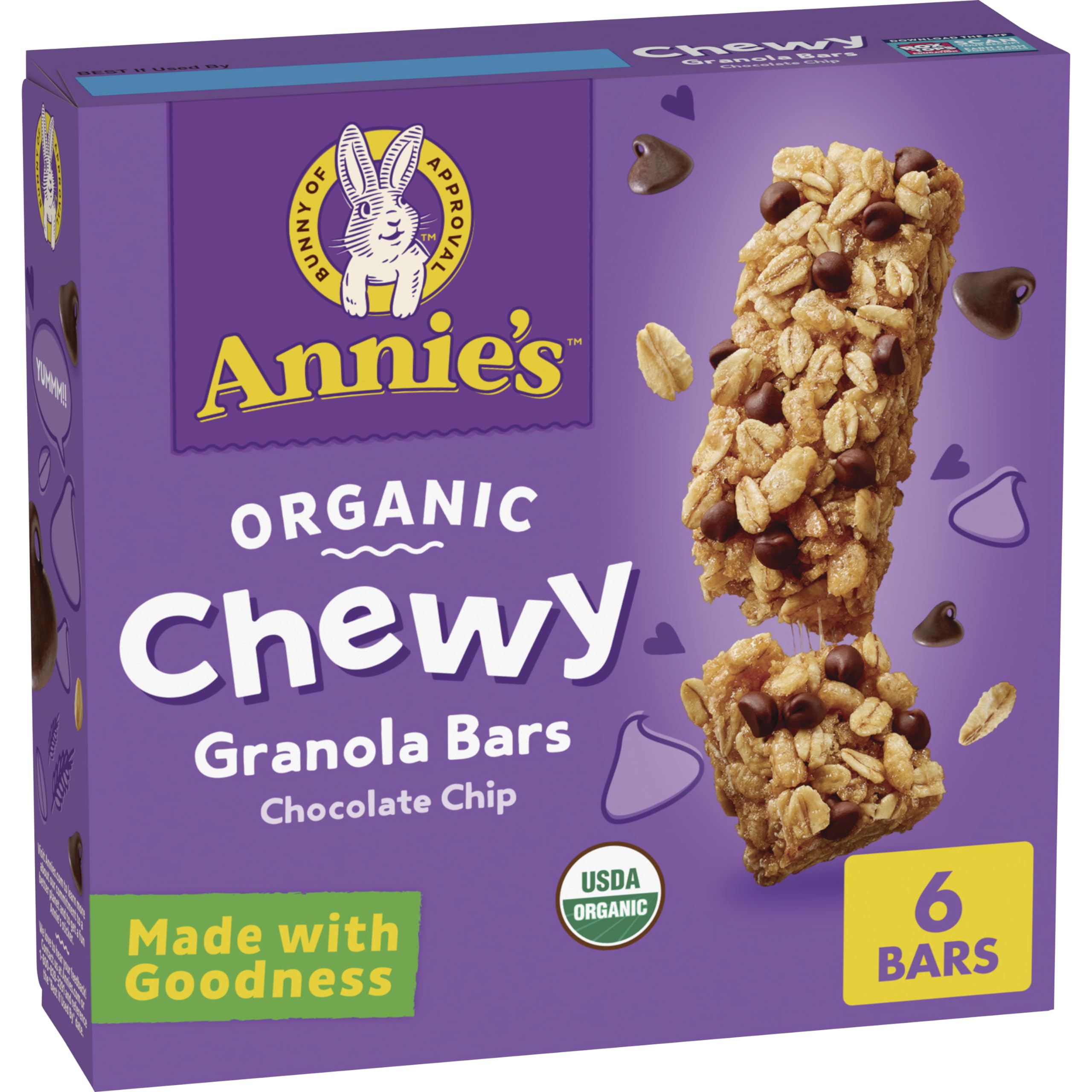 Annie's Organic Chewy Granola Bars, Chocolate Chip, 6 Bars, 5.34 oz | 8g Whole Grain Per Serving, No Artificial Flavors, Synthetic Colors or High-Fructose Corn Syrup, Non-GMO