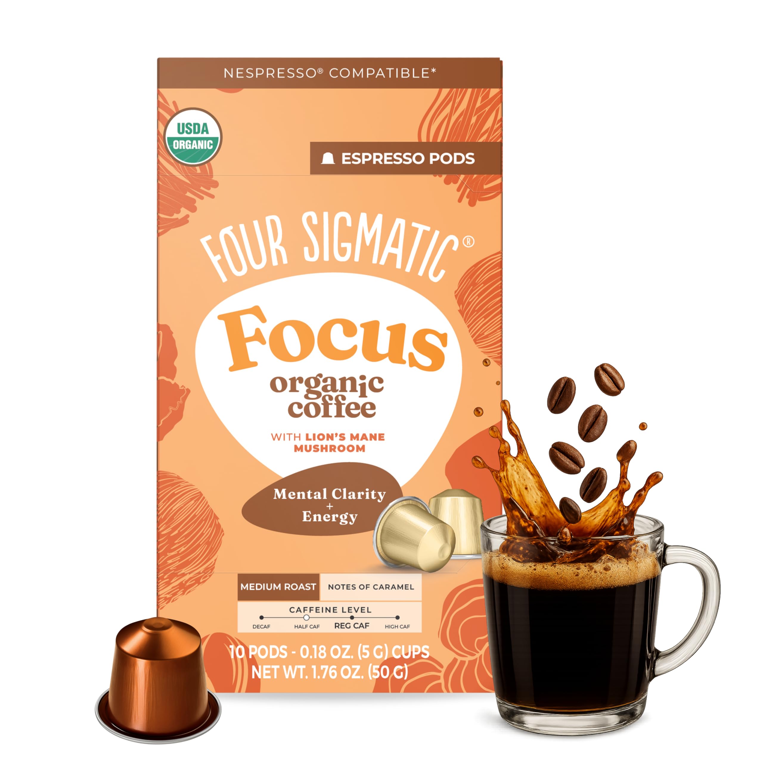 Four Sigmatic Focus Coffee Pods Compatible with Nespresso Original | Organic Medium Roast Espresso with Added Focus | Mushroom Coffee Enhanced with Lion's Mane | Medium Roast 10ct