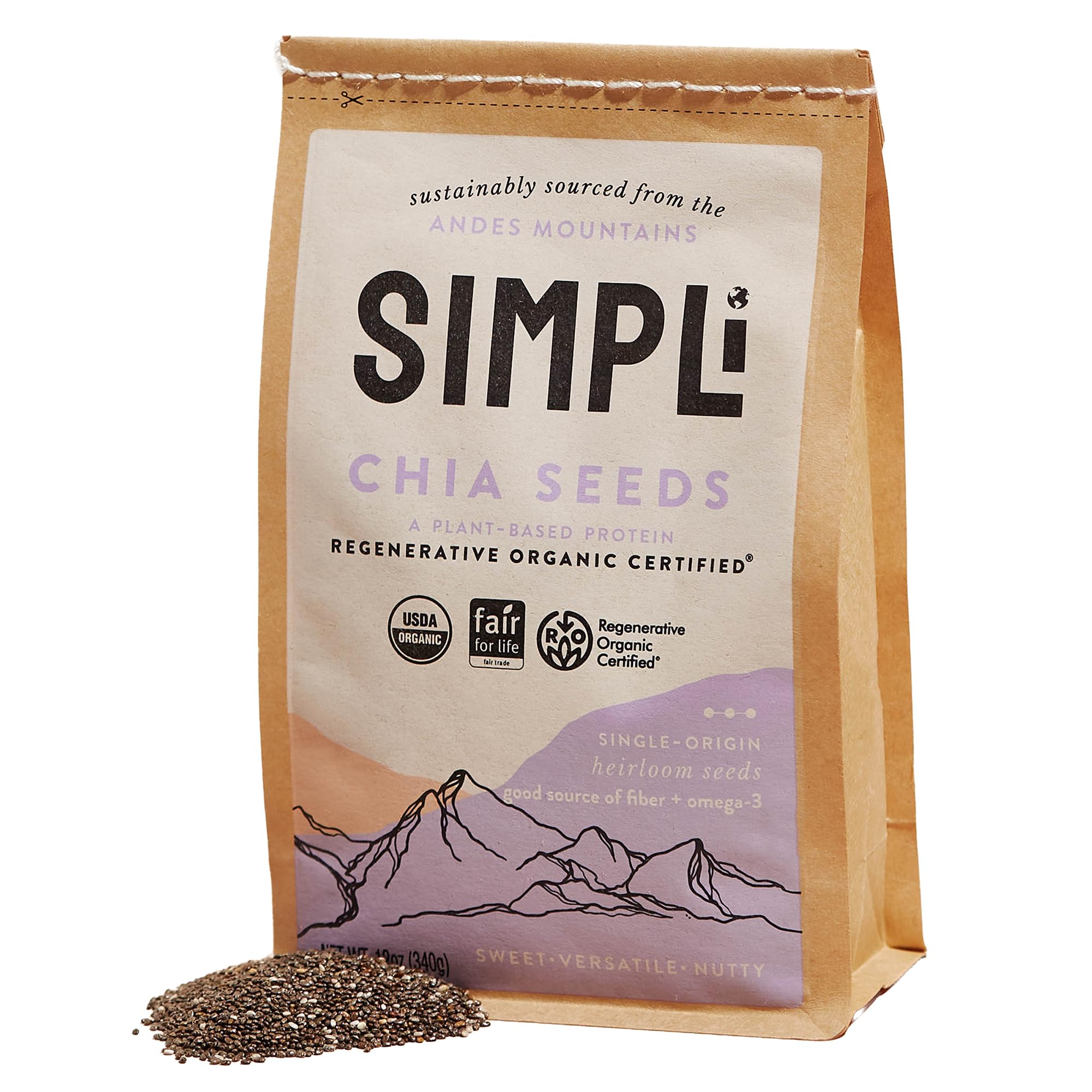 SIMPLi Regenerative Organic Certified Chia Seeds, 12 OZ (1-Pack) | Omega-3s, Complete Plant Protein, Antioxidants & Fiber with a Mild Flavor for Smoothies, Oats, Baking & Everyday Meals