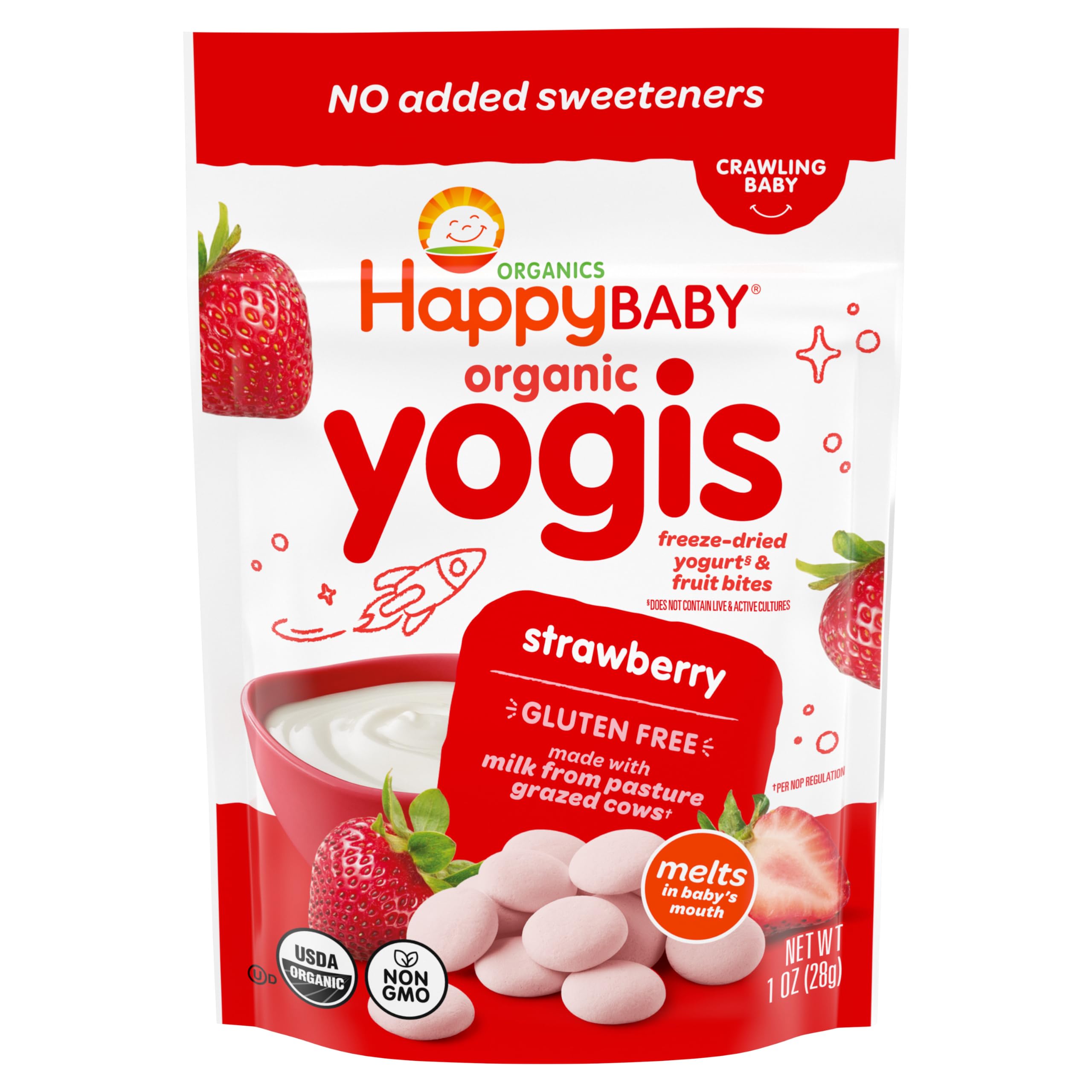 Happy Baby Organics Baby Snacks, Yogis, Freeze Dried Yogurt & Fruit Snacks, Gluten Free Snack for Babies 9+ Months, Strawberry, 1 Ounce Pouch