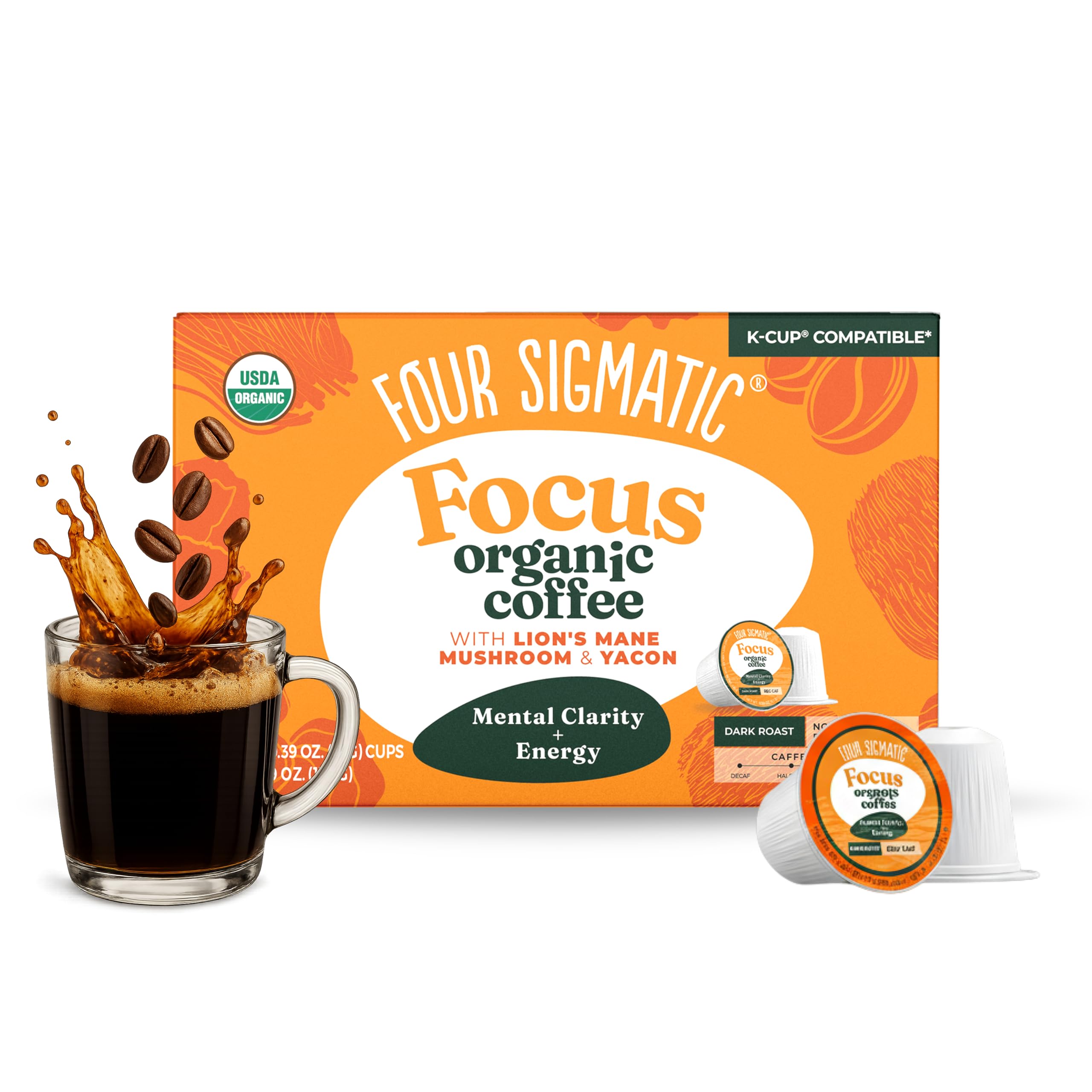 Four Sigmatic Mushroom Coffee K-Cups | Organic Dark Roast Coffee with Lion’s Mane Mushroom Powder & Yacon | Focus & Immune Support | Vegan & Keto | Sustainable Pods | 10 Count