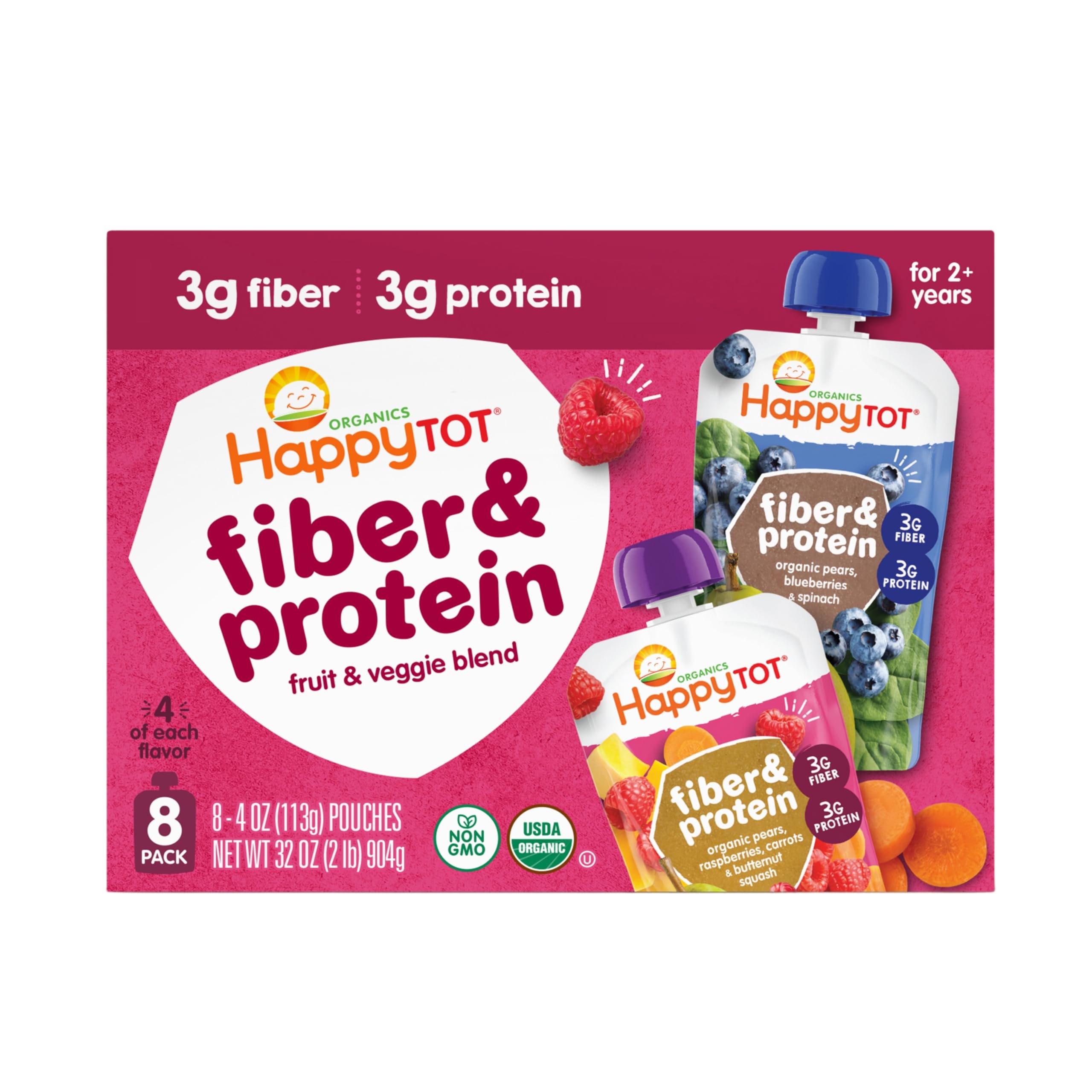 Happy Tot Organics Fiber & Protein Variety Pack Pouches, 4 oz (Pack of 8)