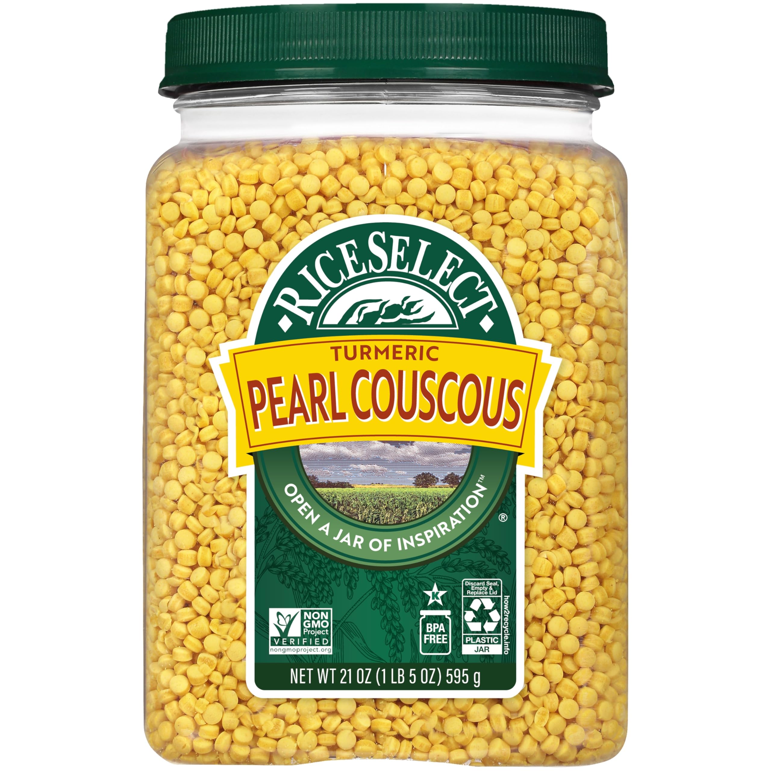 RiceSelect Pearl Couscous with Turmeric, Israeli-Style Couscous Wheat Pasta | Small oven-toasted pasta pearls with turmeric powder, non-GMO, kosher, ideal for Mediterranean meals, 21-ounce jar
