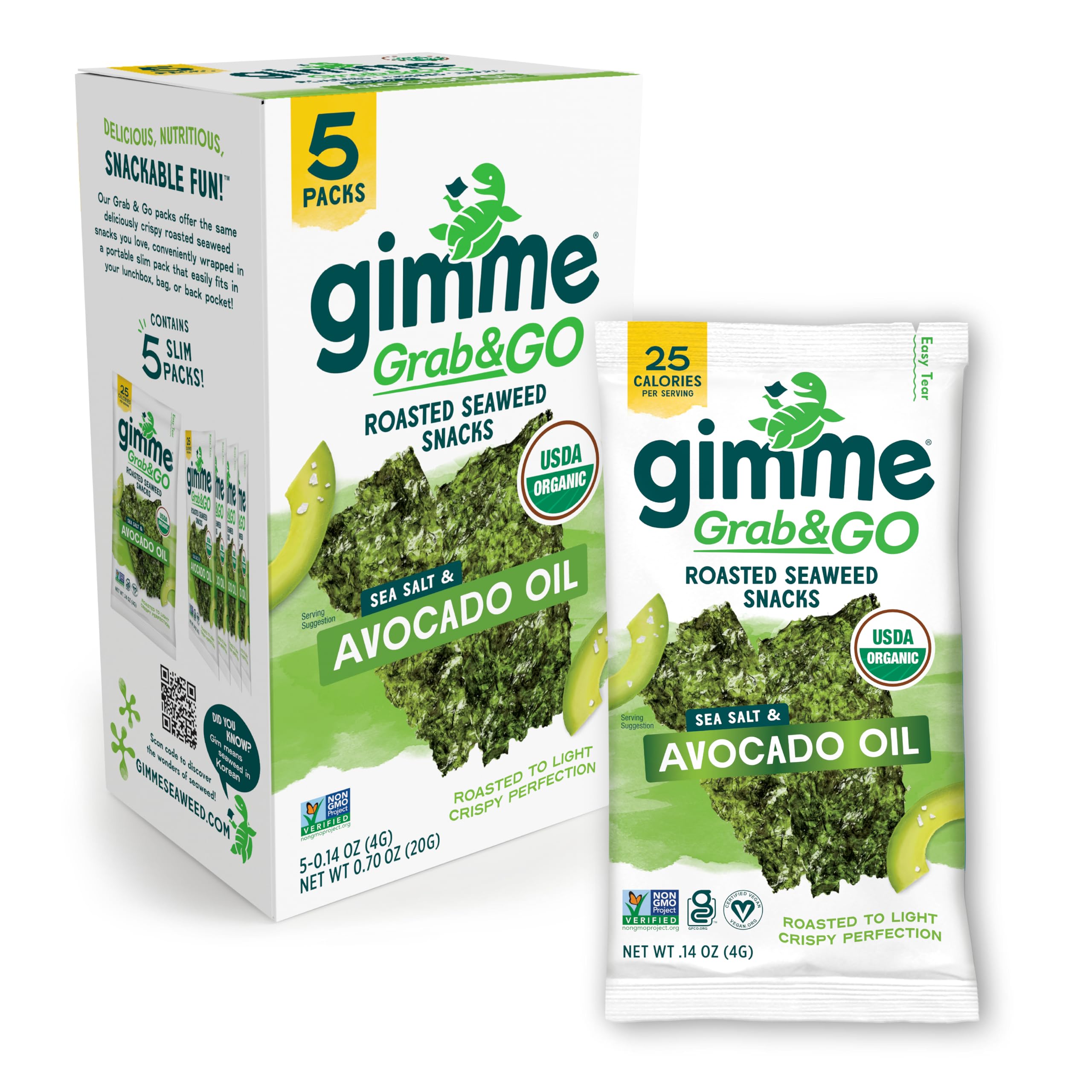 Gimme 5 CT Sea Salt & Avocado Oil Grab & Go Seaweed Snacks, 4g, 0.14oz | Keto, Vegan, Gluten Free, Great Source of Iodine & Omega 3’s, Healthy On-The-Go Snack for Kids Adults