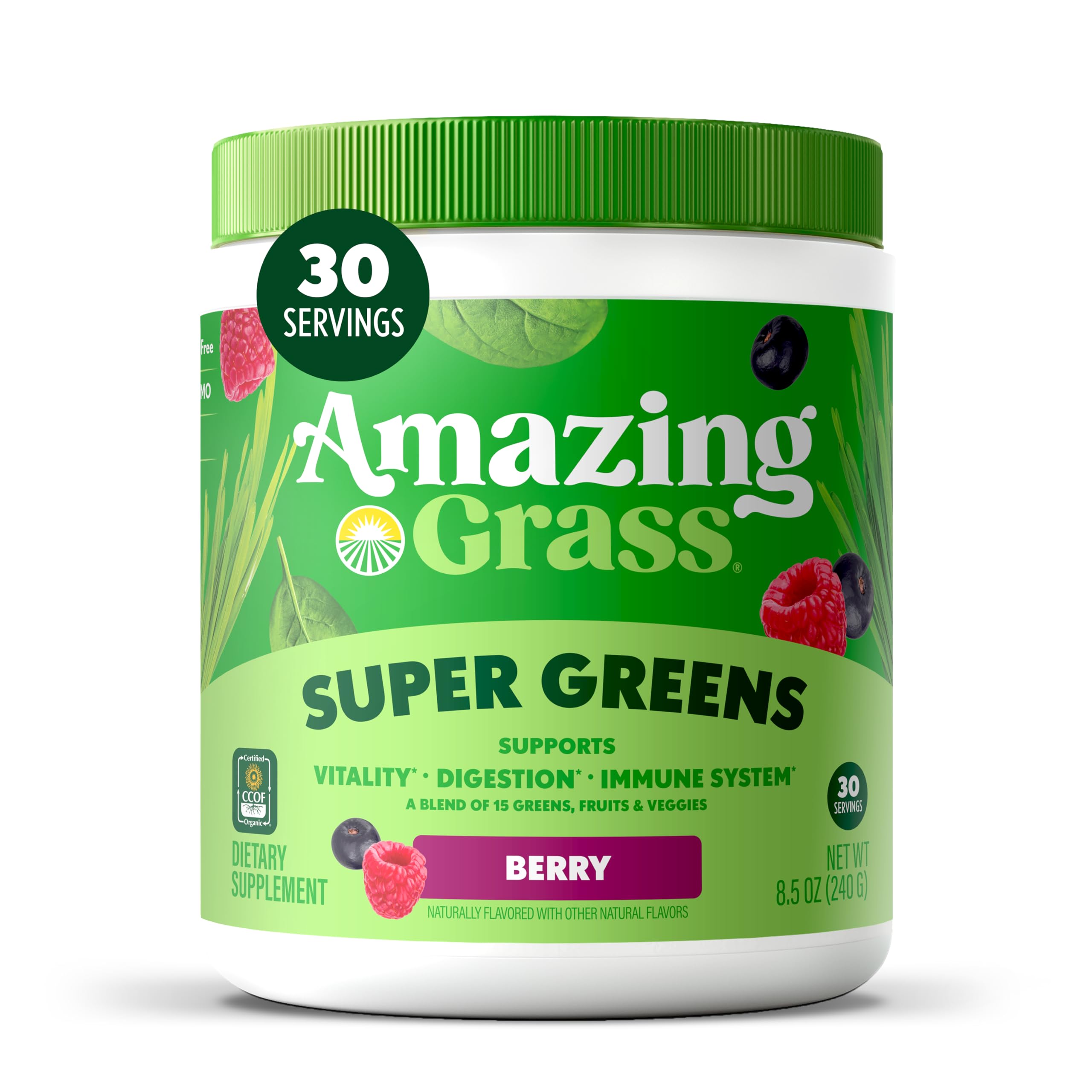 Amazing Grass Super Greens Powder Berry, 30 Servings, 8.5 oz | Organic Greens Superfood Powder with Spirulina, Beet Root, Probiotics & Digestive Enzymes to Support Digestion