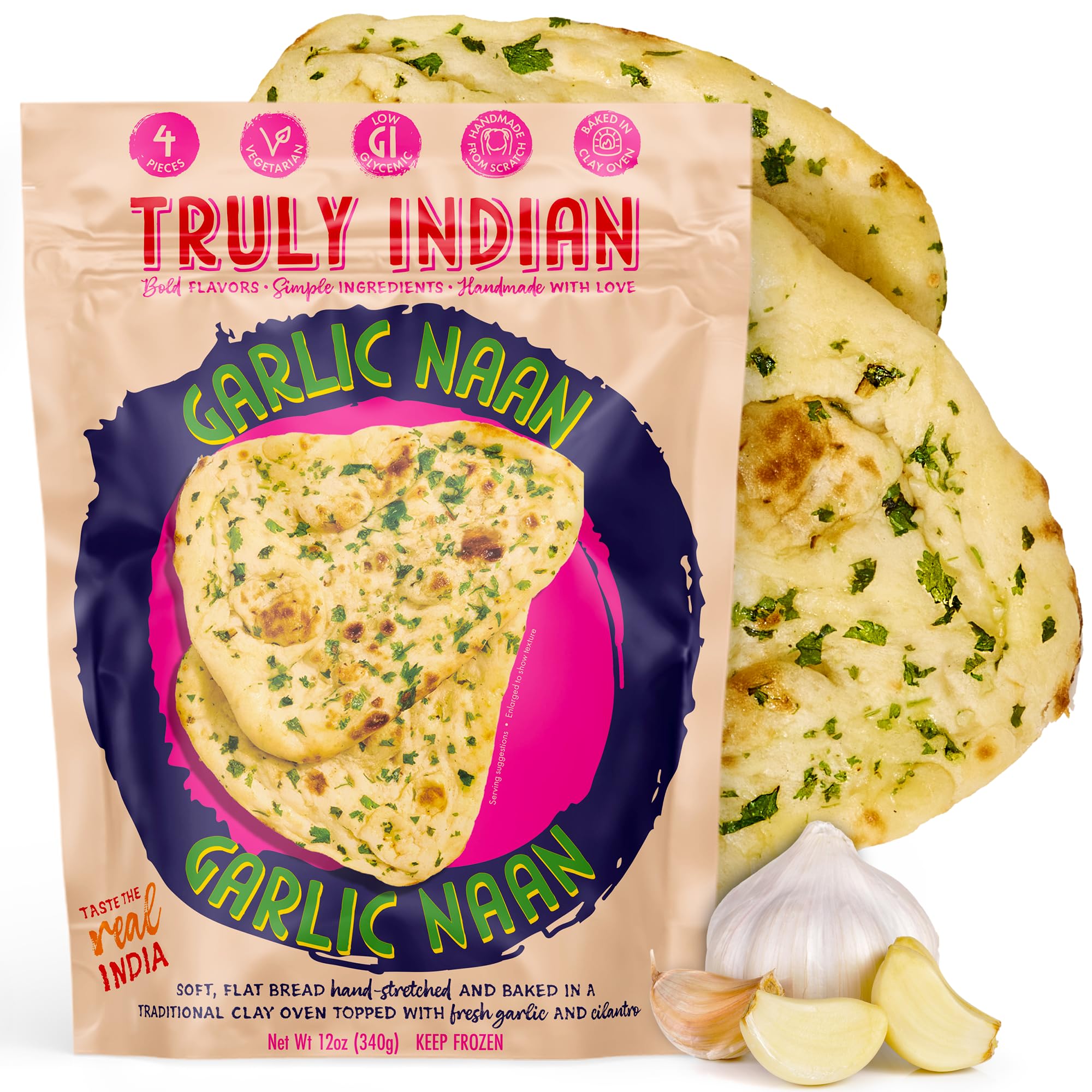 TRULY INDIAN, Indian Food, Garlic Naan, Frozen Indian Flatbread, Authentic Tandoori-Baked, Vegetarian, 12 OZ