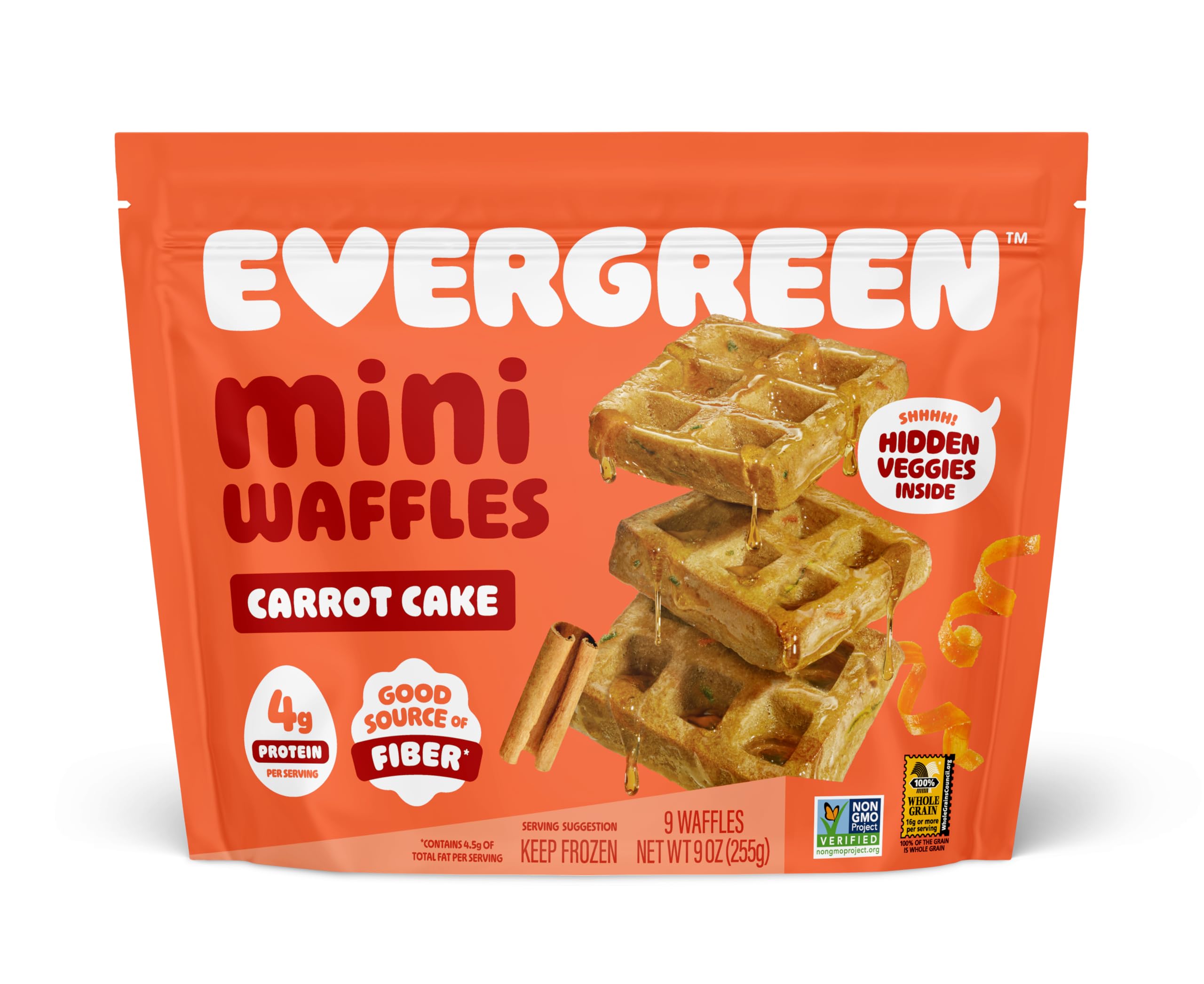 Evergreen Carrot Cake Mini Waffles - 100% Whole Grain, Fruits & Veggies, Dairy-Free, No Preservatives, Air Fryer Ready, Frozen Breakfast or Snack (9 Count)