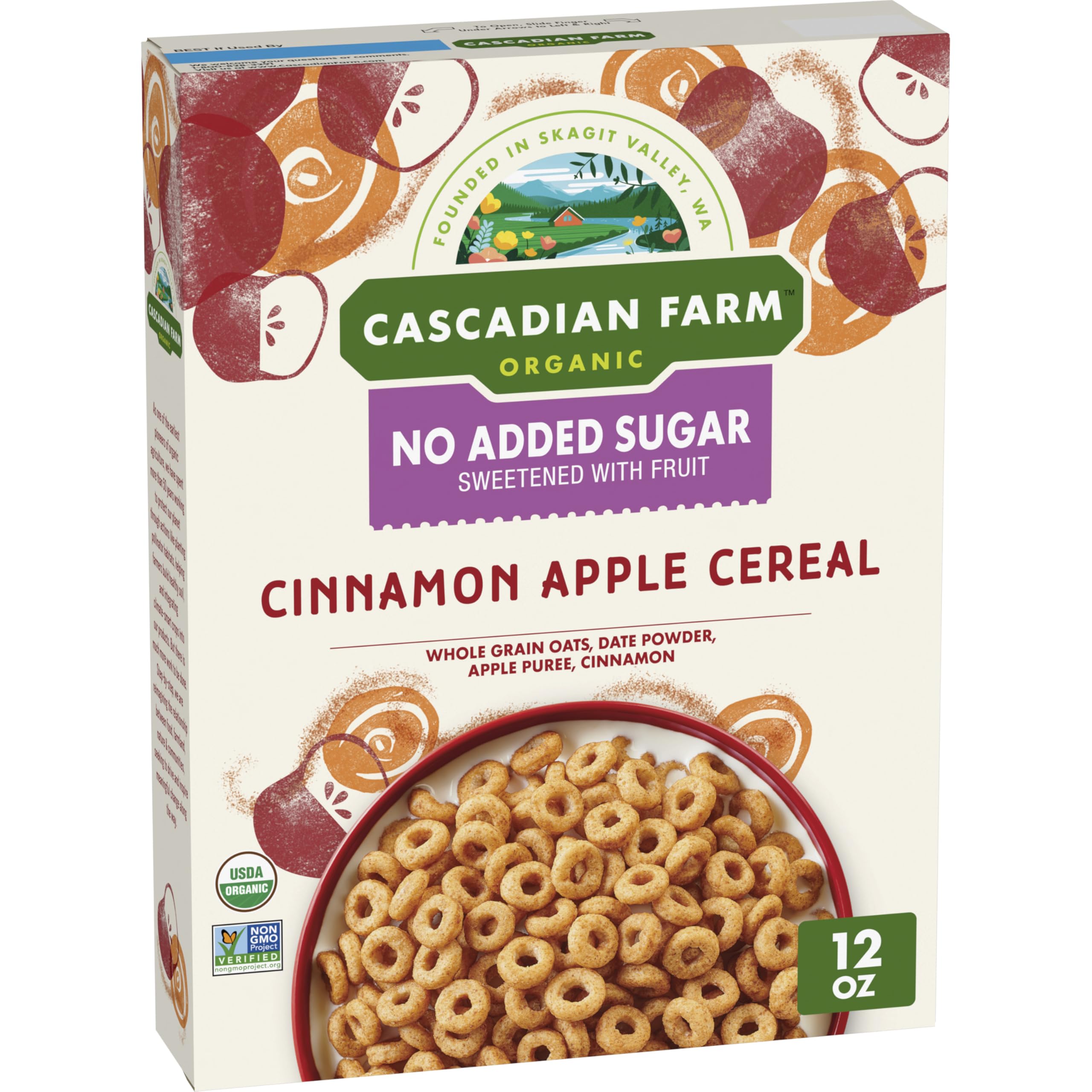 Cascadian Farm Organic Cinnamon Apple Cereal, No Added Sugar, 12 oz | Sweetened with Date Powder and Apple Puree; No Added Sugar; Non-GMO Project Verified; 25g Whole Grain, 12 oz