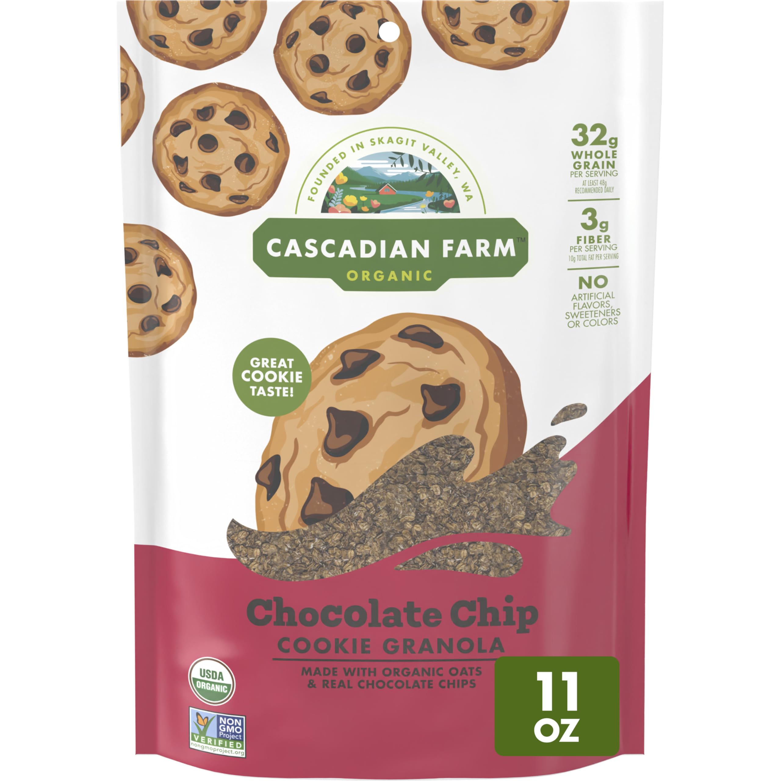 Cascadian Farm Organic Chocolate Chip Cookie Granola, Whole Grain and Fiber, 11 oz