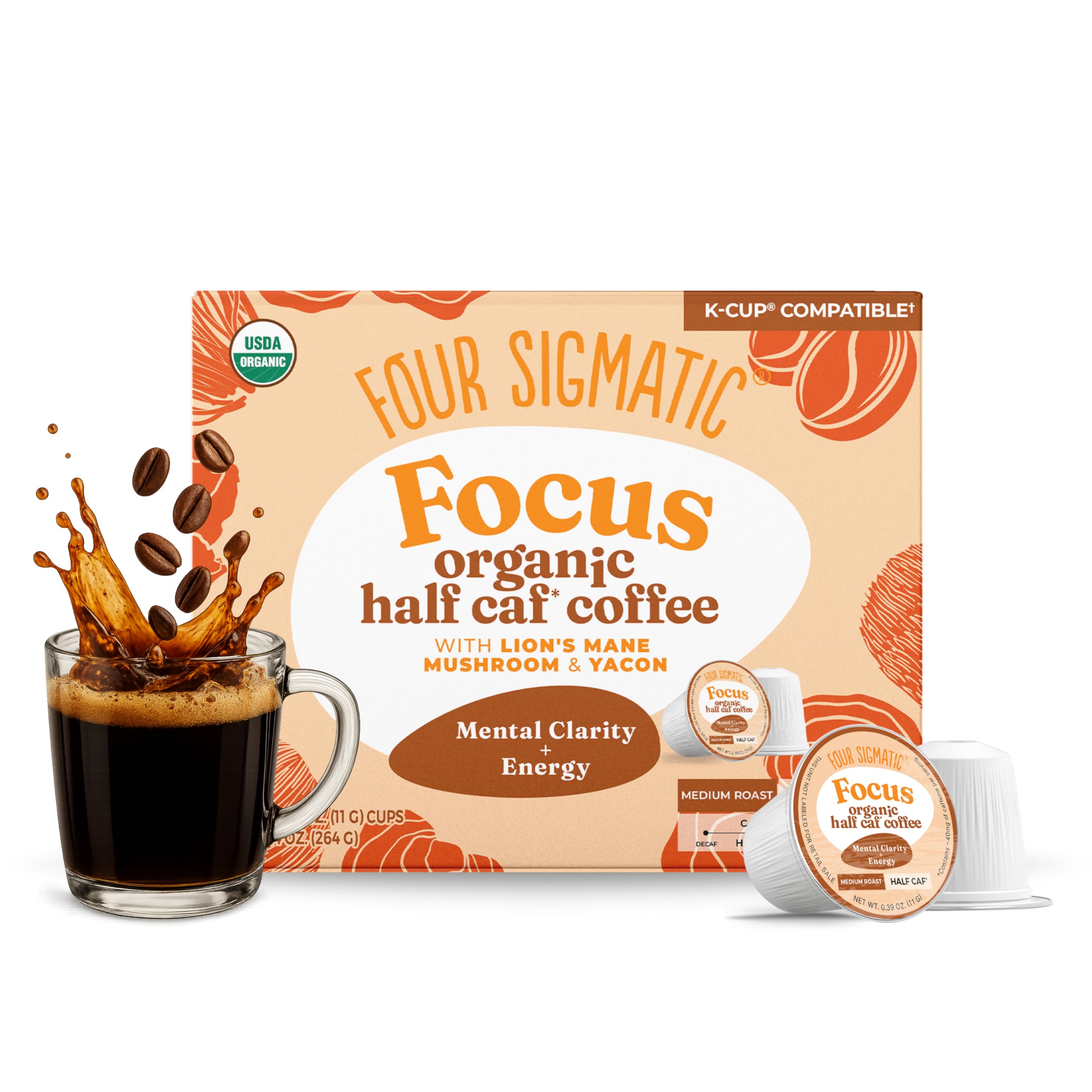Four Sigmatic Focus Organic Half Caf Coffee Pods, 24 Count – Medium Roast Arabica with Lion’s Mane Mushroom, Half Caffeine K-Cup® Compatible Pods for Mental Focus & Smooth Energy