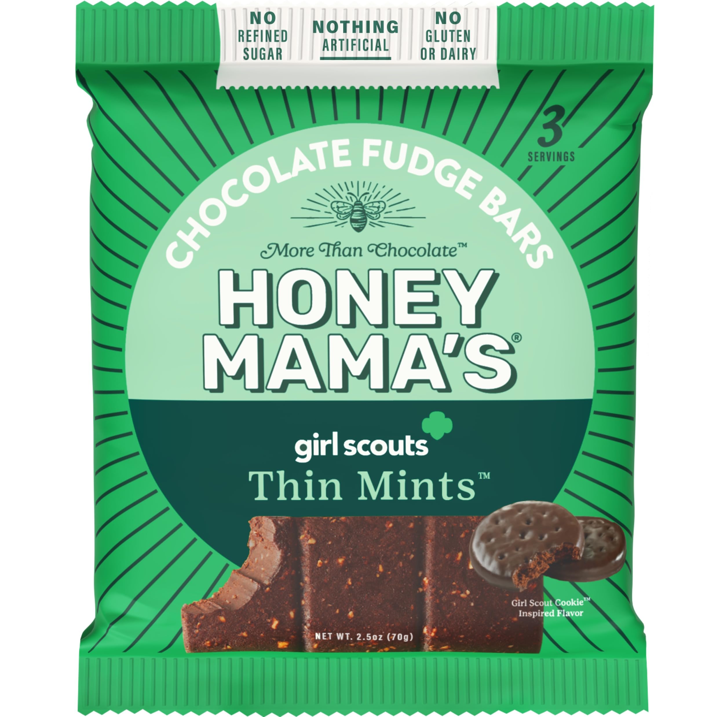 Honey Mama's, Girl Scout Thin Mints Chocolate Fudge Bars, NO Refined Sugar, Gluten Free, Dairy Free, Soy Free, NO Seed Oils, Paleo, 2.5 Ounce, 3-Serving Bar