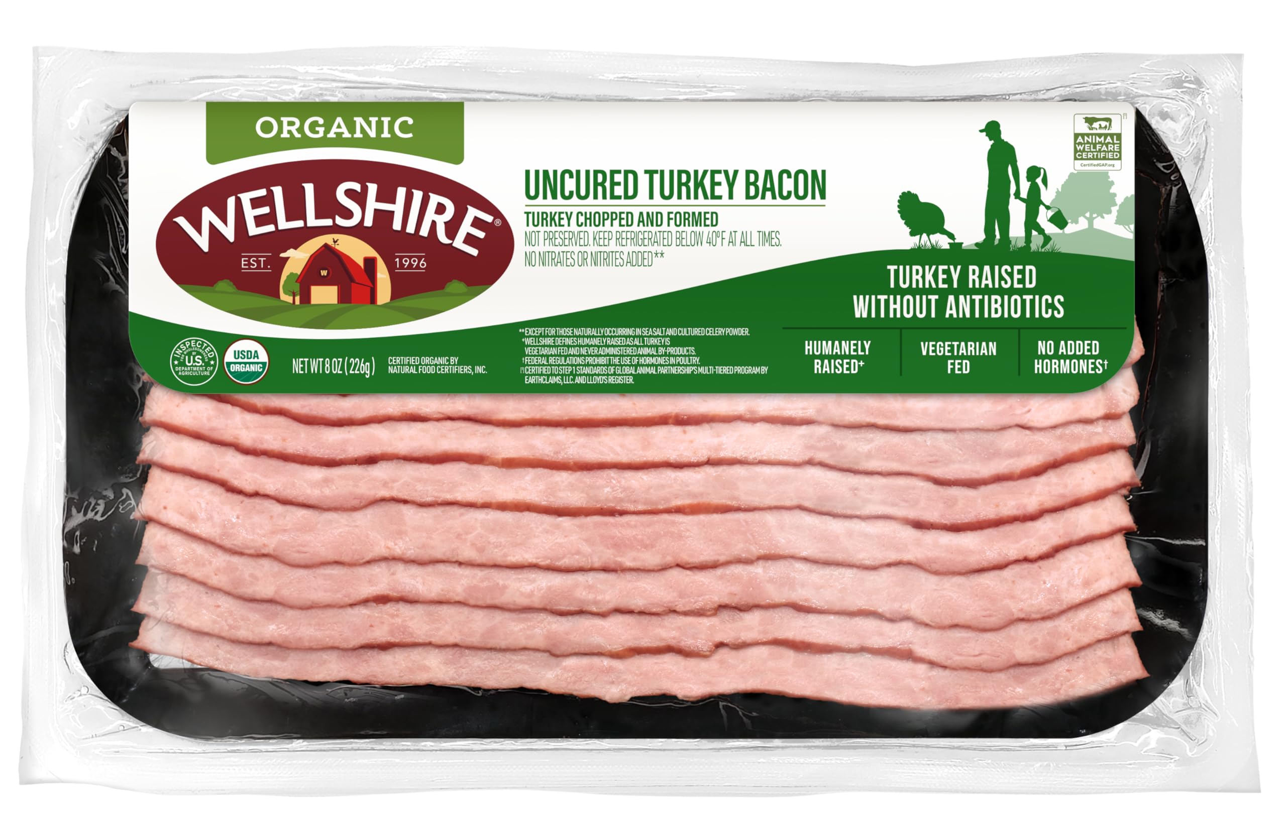 Wellshire Farms 8oz Uncured Turkey Bacon – Made from Organic Turkey Thighs with No Antibiotics or Hormones, a Lean and Flavorful Breakfast Meat Alternative