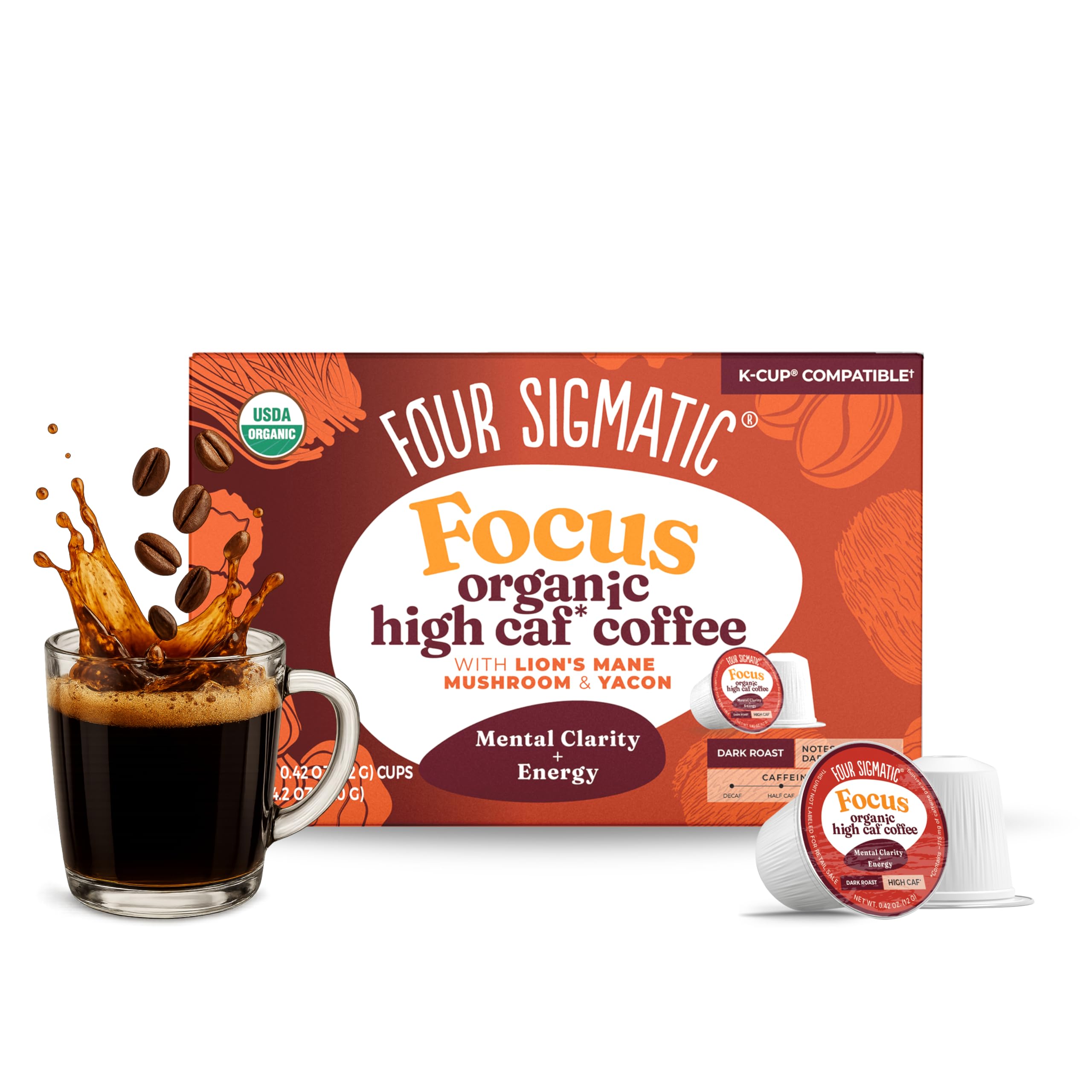Four Sigmatic High Caffeine Mushroom Coffee K-Cups | Organic Dark Roast Coffee with Lion’s Mane & Yacon | Focus & Immune Support | Vegan & Keto | Sustainable Pods | 10 Count