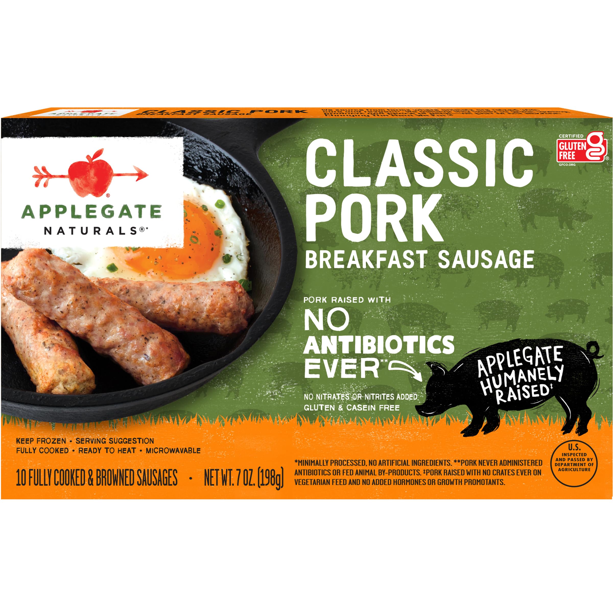 APPLEGATE NATURALS Classic Pork Breakfast Sausage, 7oz | No Antibiotics Ever, Certified Gluten-Free, No Artificial Ingredients, Fully cooked and ready to heat