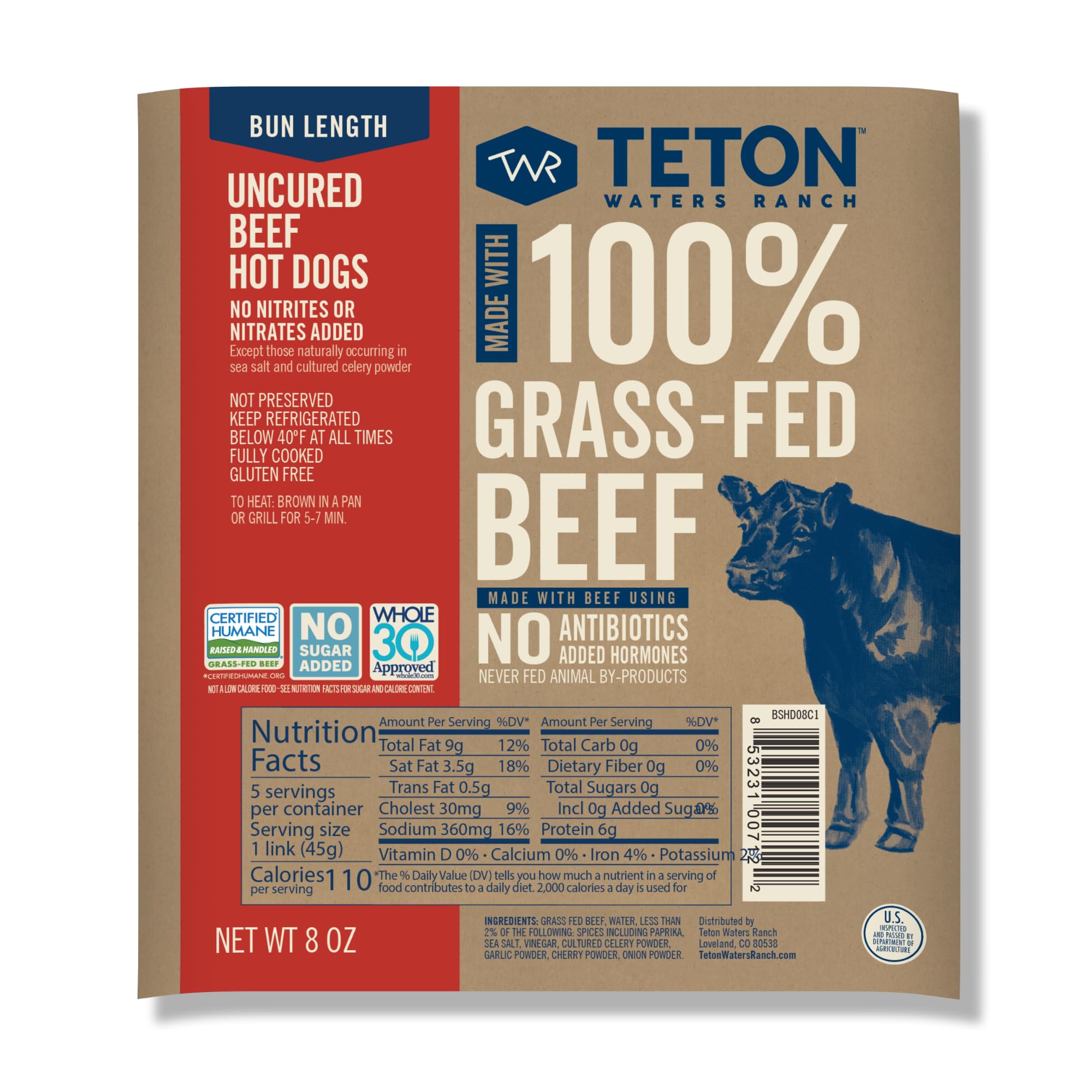Teton Waters Ranch Bun Length Uncured Beef Hot Dogs, 100% Grass-Fed Beef, Fully Cooked, No Antibiotics or Hormones, Certified Humane - 8oz