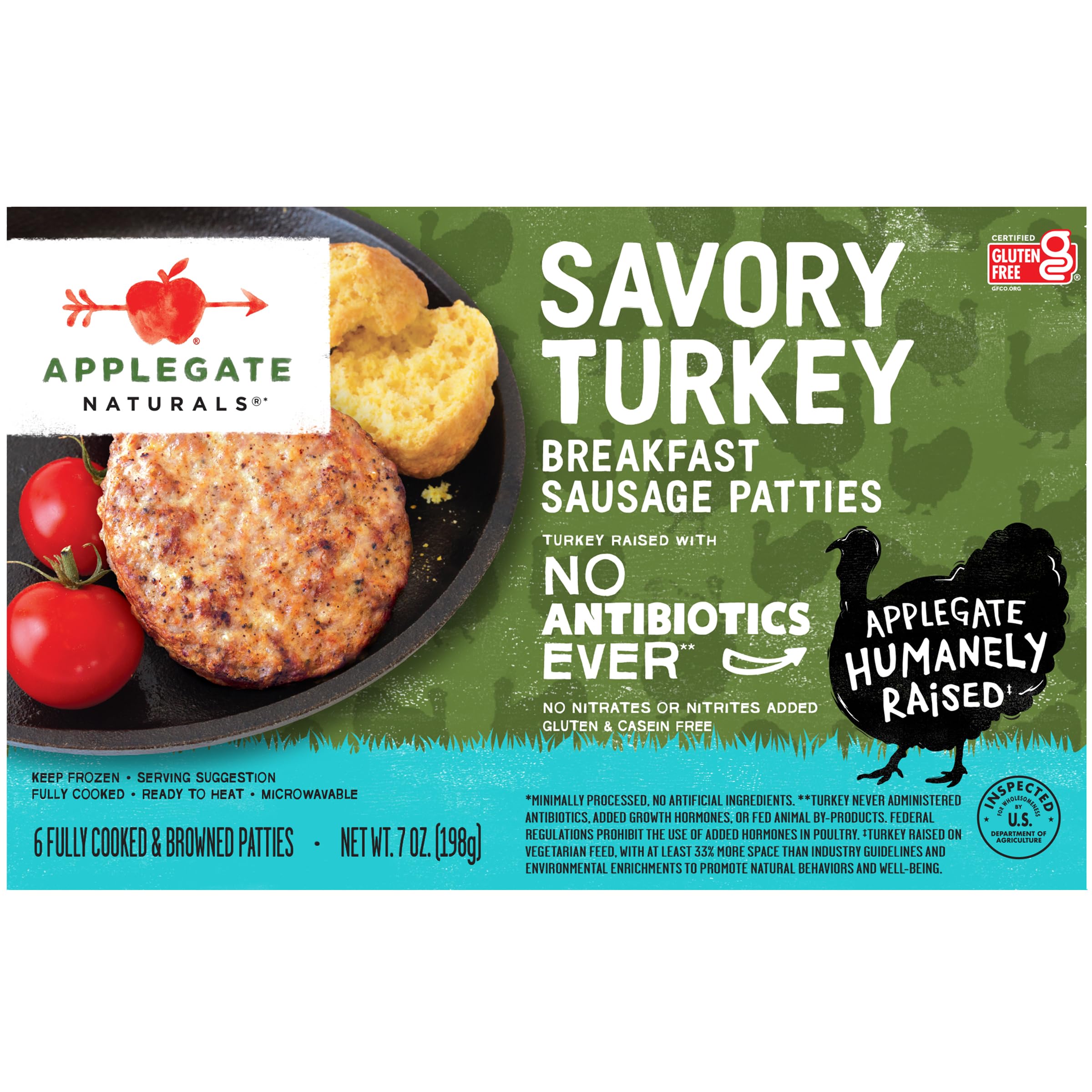 APPLEGATE NATURALS Savory Turkey Breakfast Sausage Patties, 7oz (Frozen) | No Antibiotics Ever, Certified Gluten-Free, minimally processed, no artificial ingredients