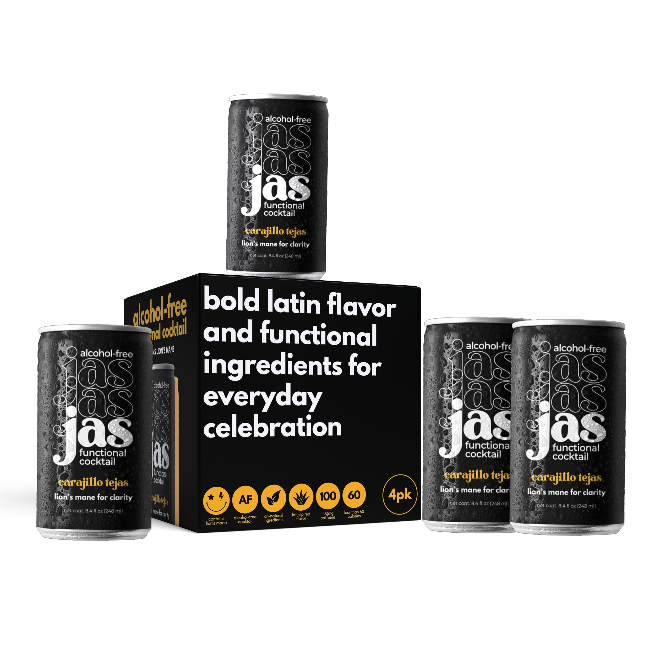 JAS Carajillo Tejas Alcohol-Free Functional Cocktail - Cold Brew Coffee, Toasted Pecan & Vanilla - Infused with Lion’s Mane Mushroom for Focus & Clarity - Non-Alcoholic Spirit Alternative - 4 Pack