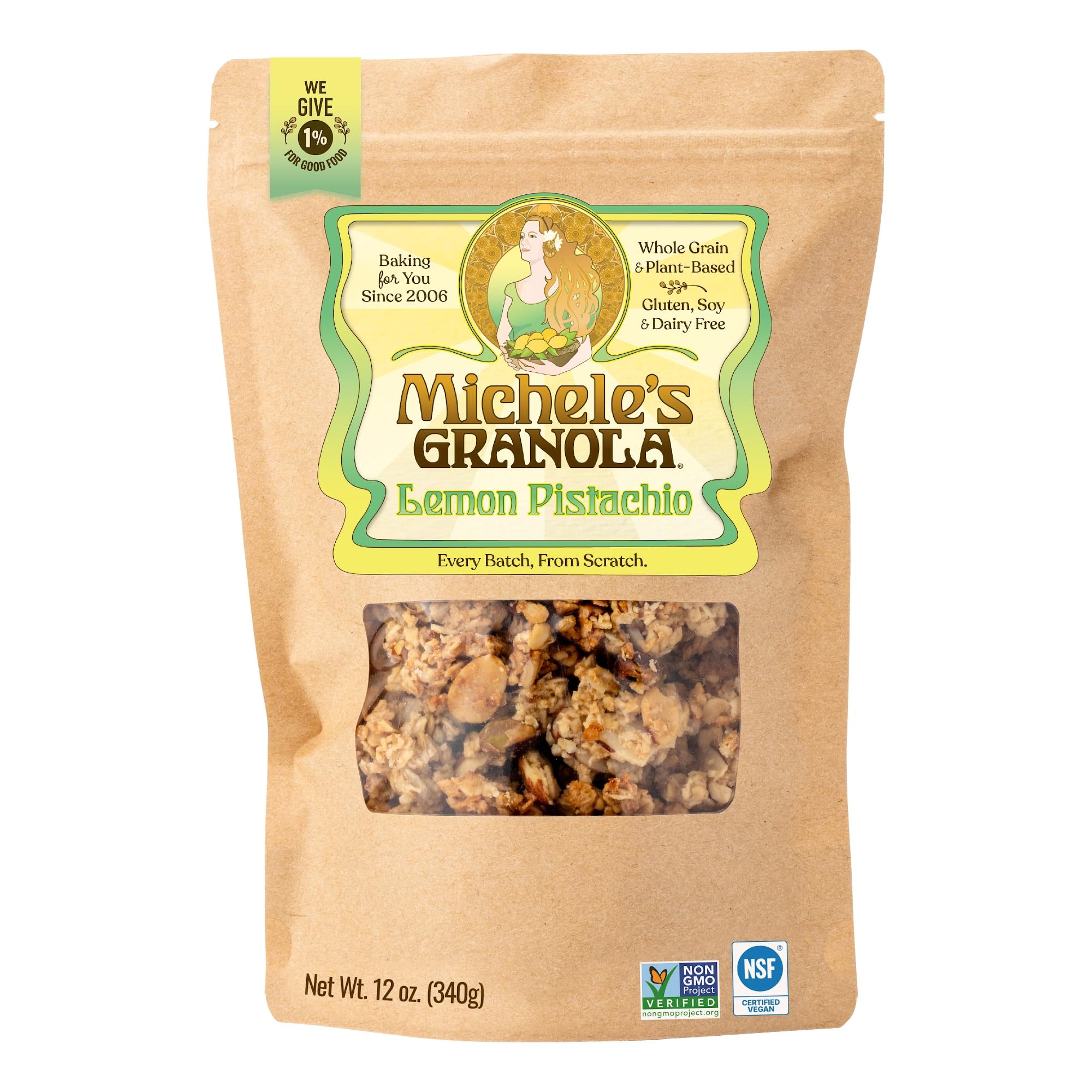 Michele's Granola Lemon Pistachio Granola, 12 oz Bag | Gluten-Free, Vegan, Made with Organic Whole-Grain Oats, Non-GMO, Handmade Crunchy Clusters
