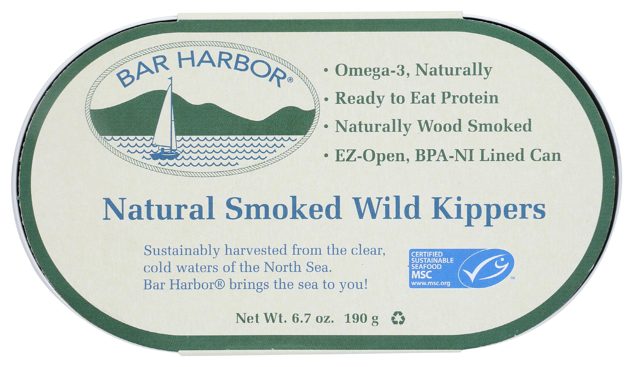 Bar Harbor Natural Smoked Wild Kippers, 6.7 oz (190g) | Naturally Wood Smoked | Ready to Eat | Naturally Rich in Omega-3 | EZ-Open, BPA-NI Lined Can
