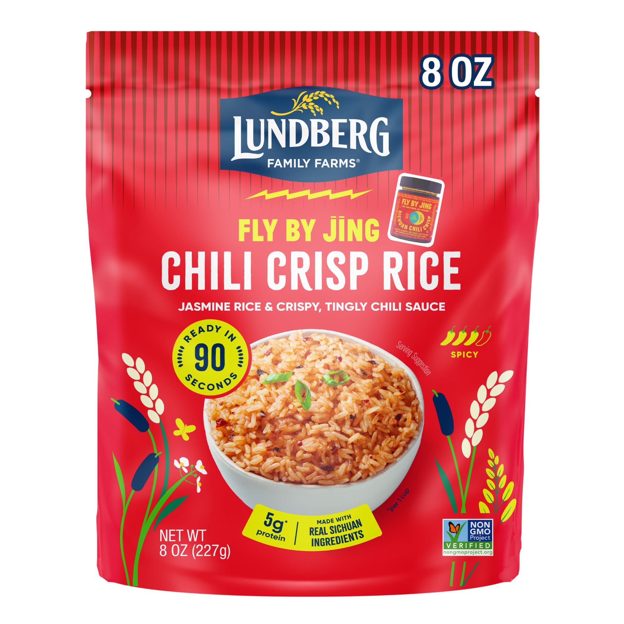 Lundberg X Fly By Jing Chili Crisp Rice – Microwave Ready in 90 Seconds, Regenerative Organic Jasmine Rice with Chili Crisp Seasoning, Gluten-Free, 8oz Pouch