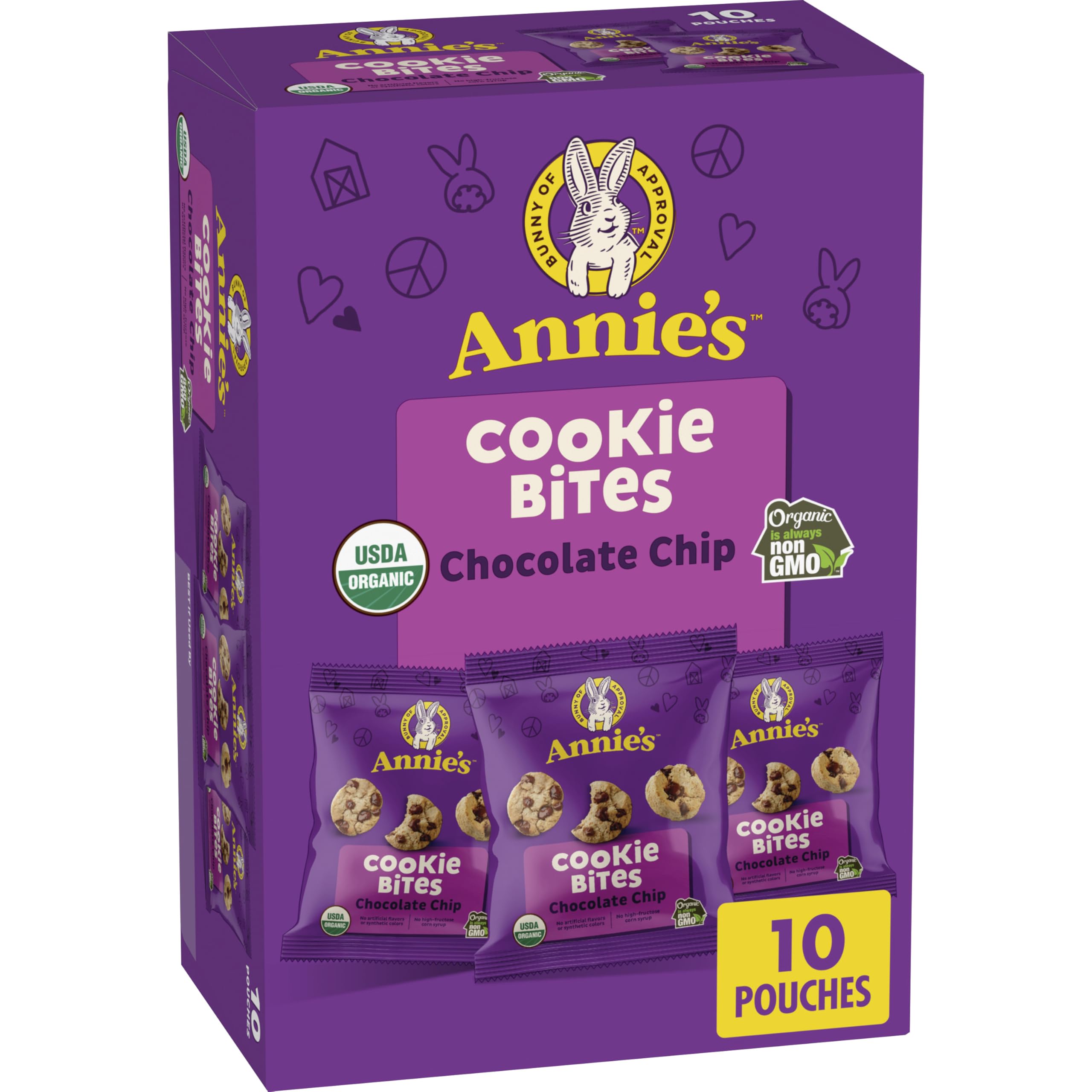 Annie's Organic Chocolate Chip Cookie Bites, 10 Pouches, 10.5 oz | Real Chocolate Chips, USDA Organic and Non-GMO, No Artificial Flavors or High-Fructose Corn Syrup