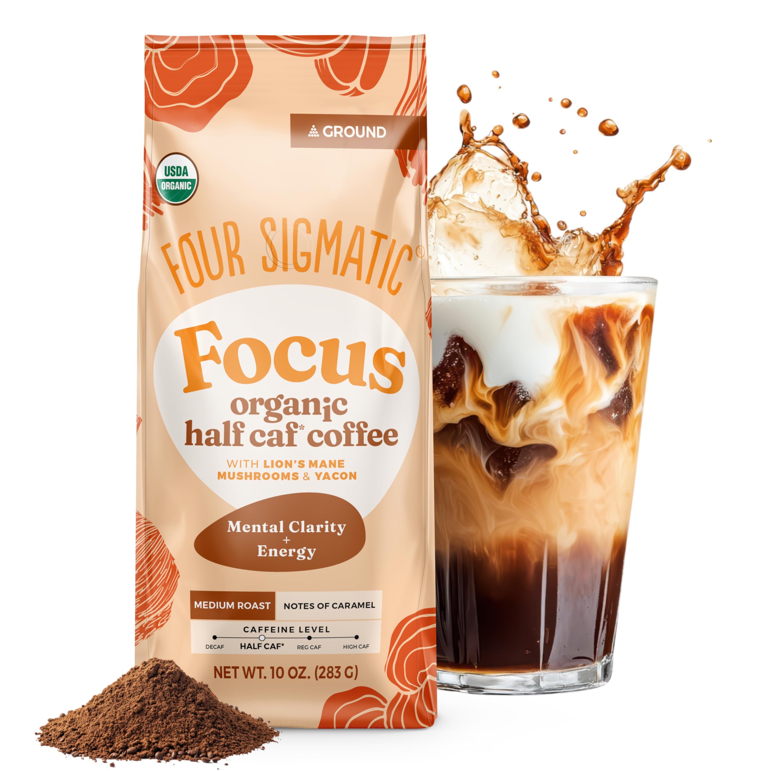 FOUR SIGMATIC Organic Focus Half Caf Ground Coffee, 10 OZ