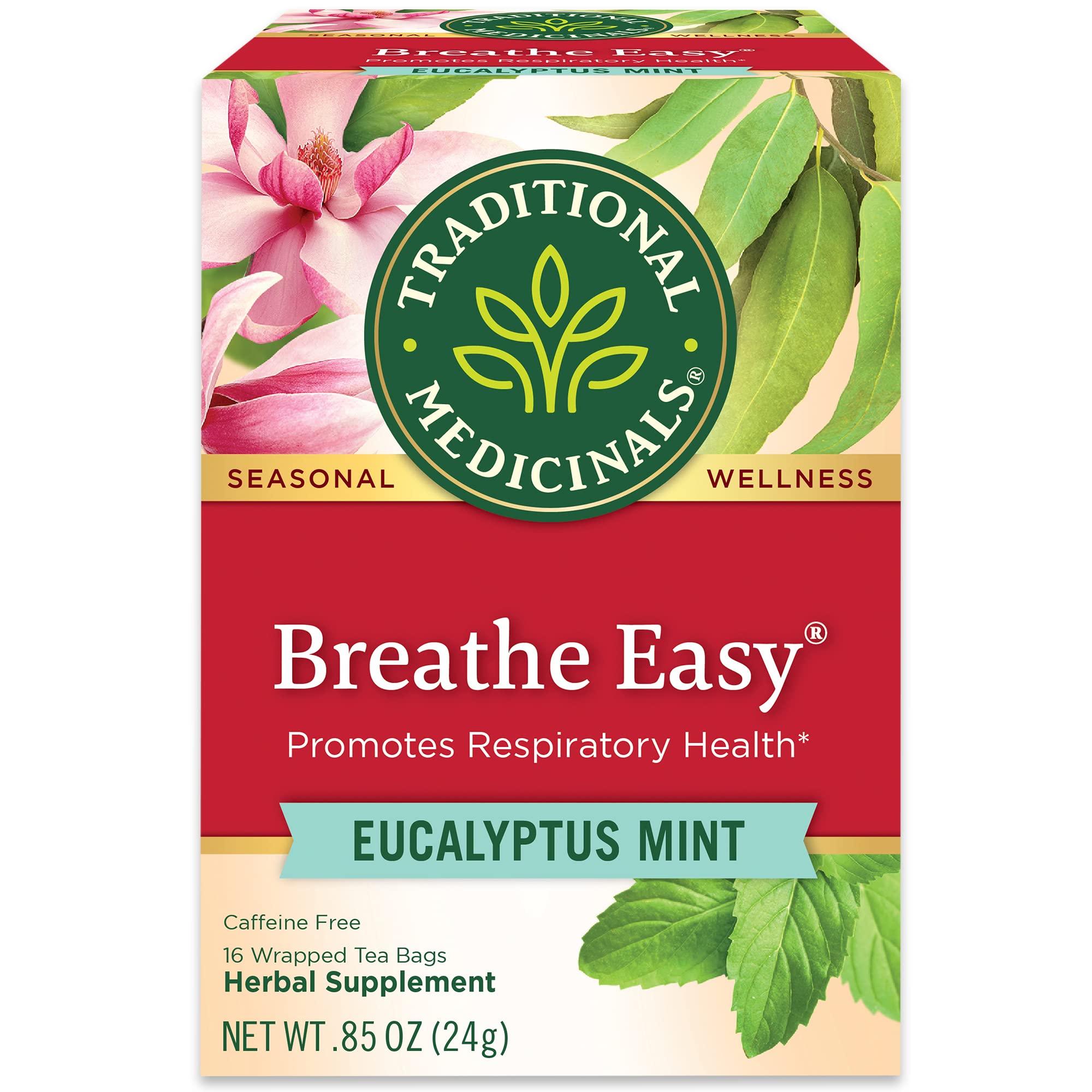 Traditional Medicinals Breathe Easy Eucalyptus Mint, 16 Tea Bags | Promotes Respiratory Health, Kosher, Non-GMO, Caffeine-Free, Compostable