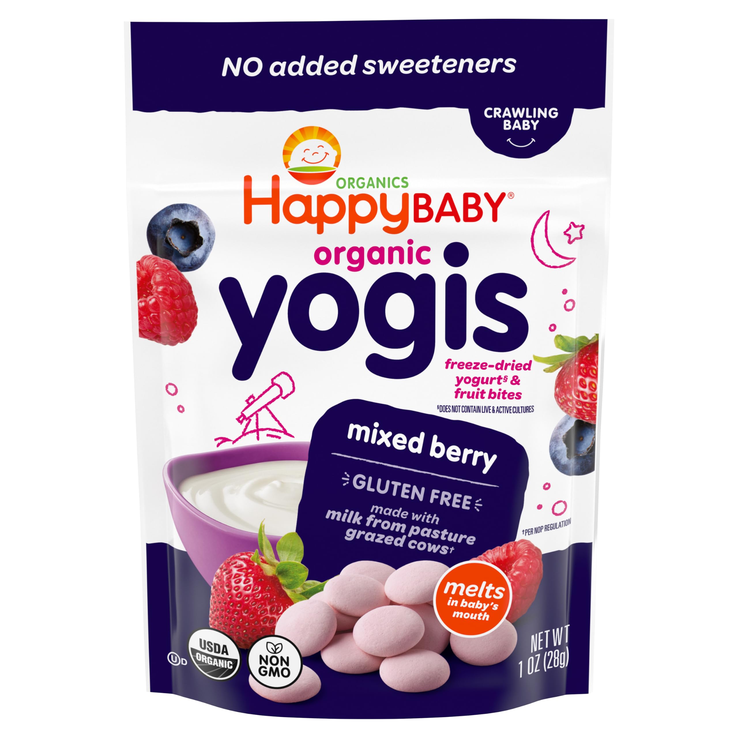 Happy Baby Organic Yogis Freeze-Dried Yogurt & Fruit Snacks Mixed Berry, 1 Ounce Bag Organic Gluten-Free Easy to Chew Probiotic Snacks for Babies & Toddlers