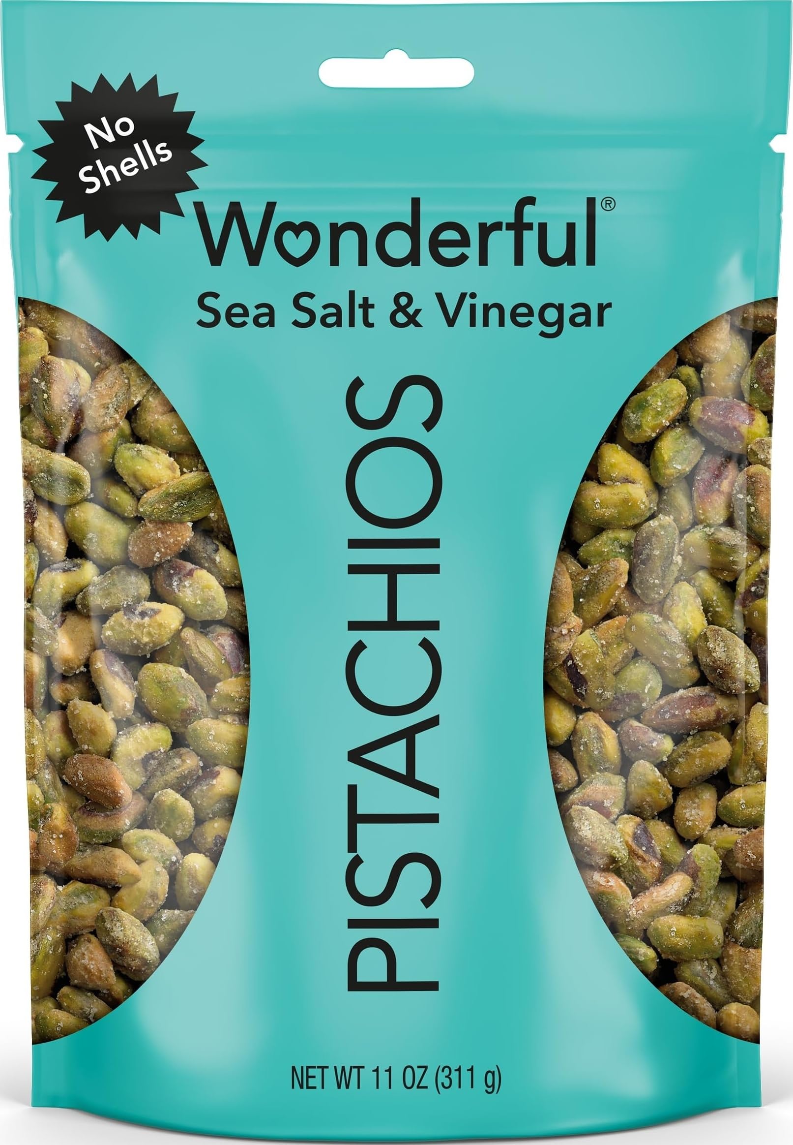Wonderful Pistachios No Shells, Sea Salt & Vinegar Flavored Nuts, 11 Ounce Resealable Bag, Protein Snacks, Gluten Free, Salty Snacks