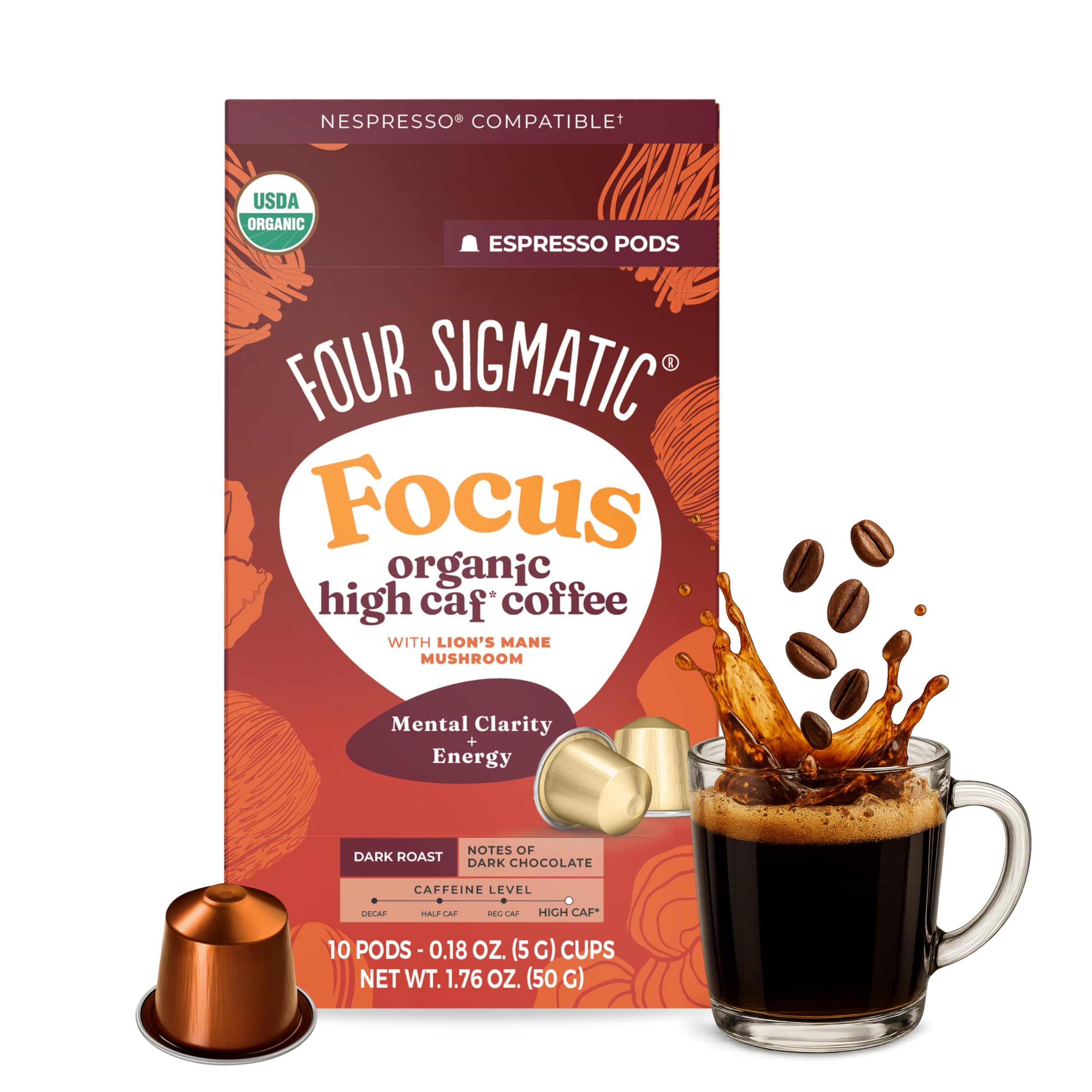 Four Sigmatic Focus High Caffeine Coffee Pods Compatible with Nespresso Original | Organic Dark Roast Espresso with Added Focus | Mushroom Coffee Enhanced with Lion's Mane | High Caffeine 10ct