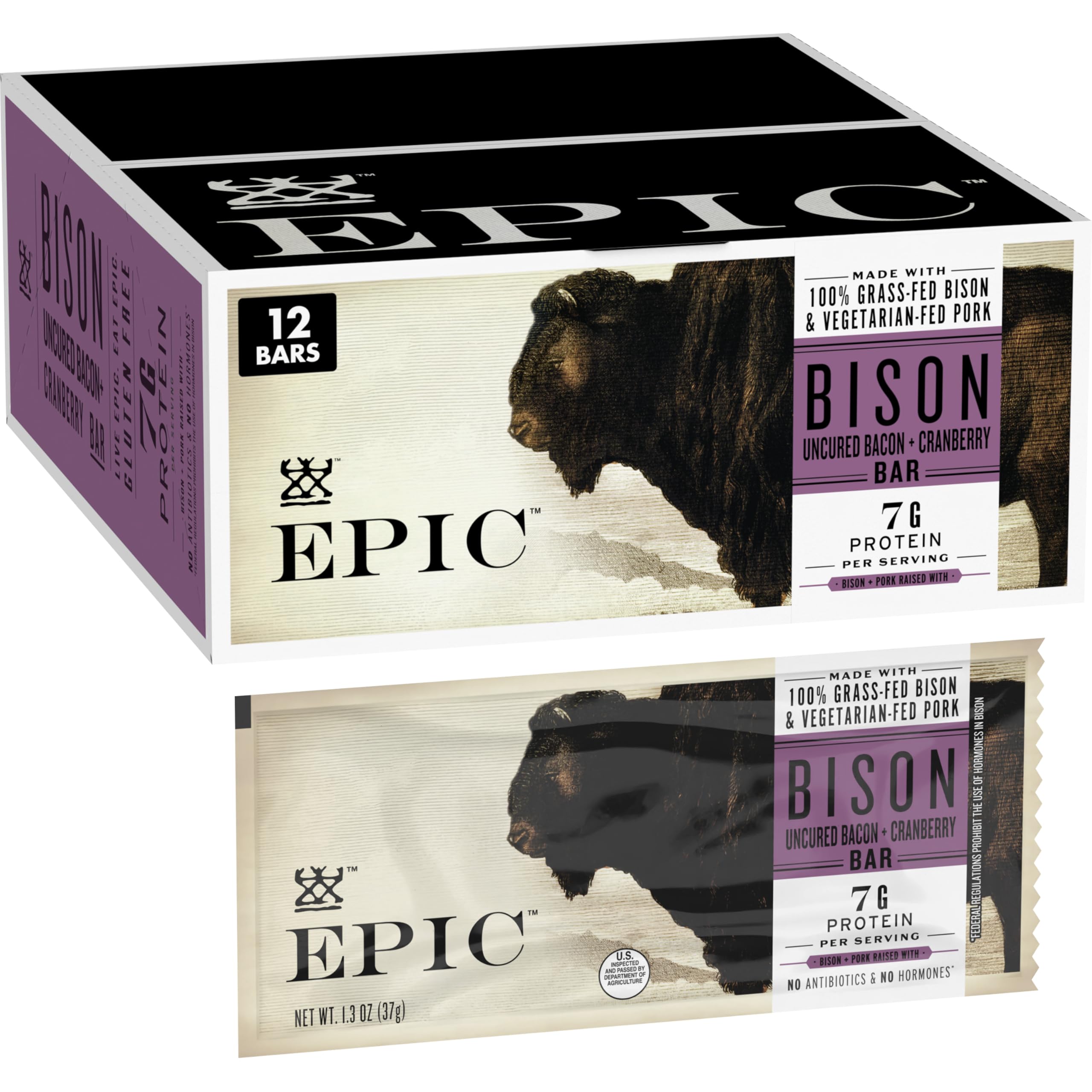EPIC Provisions Bison Bacon Cranberry Bars, Gluten-Free, 12 ct, 15.6 oz | Paleo Friendly, Gluten-Free, 100% Grass-Fed Bison, 7g Protein per Bar