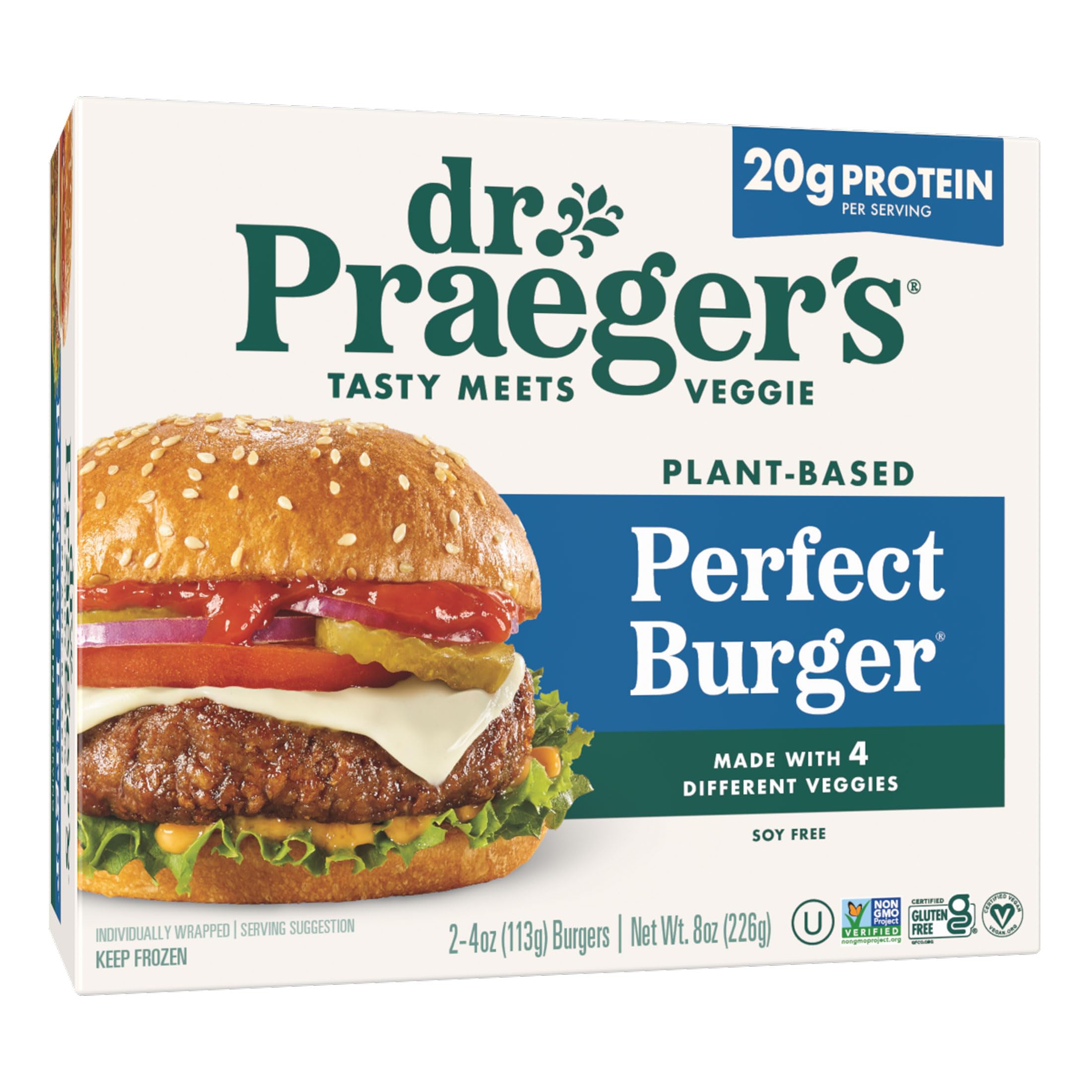 Dr. Praeger's Perfect Burger, 2 Count, 8 oz | Thick, juicy vegan burgers with 20g plant protein per patty; certified gluten free, soy free and Non-GMO