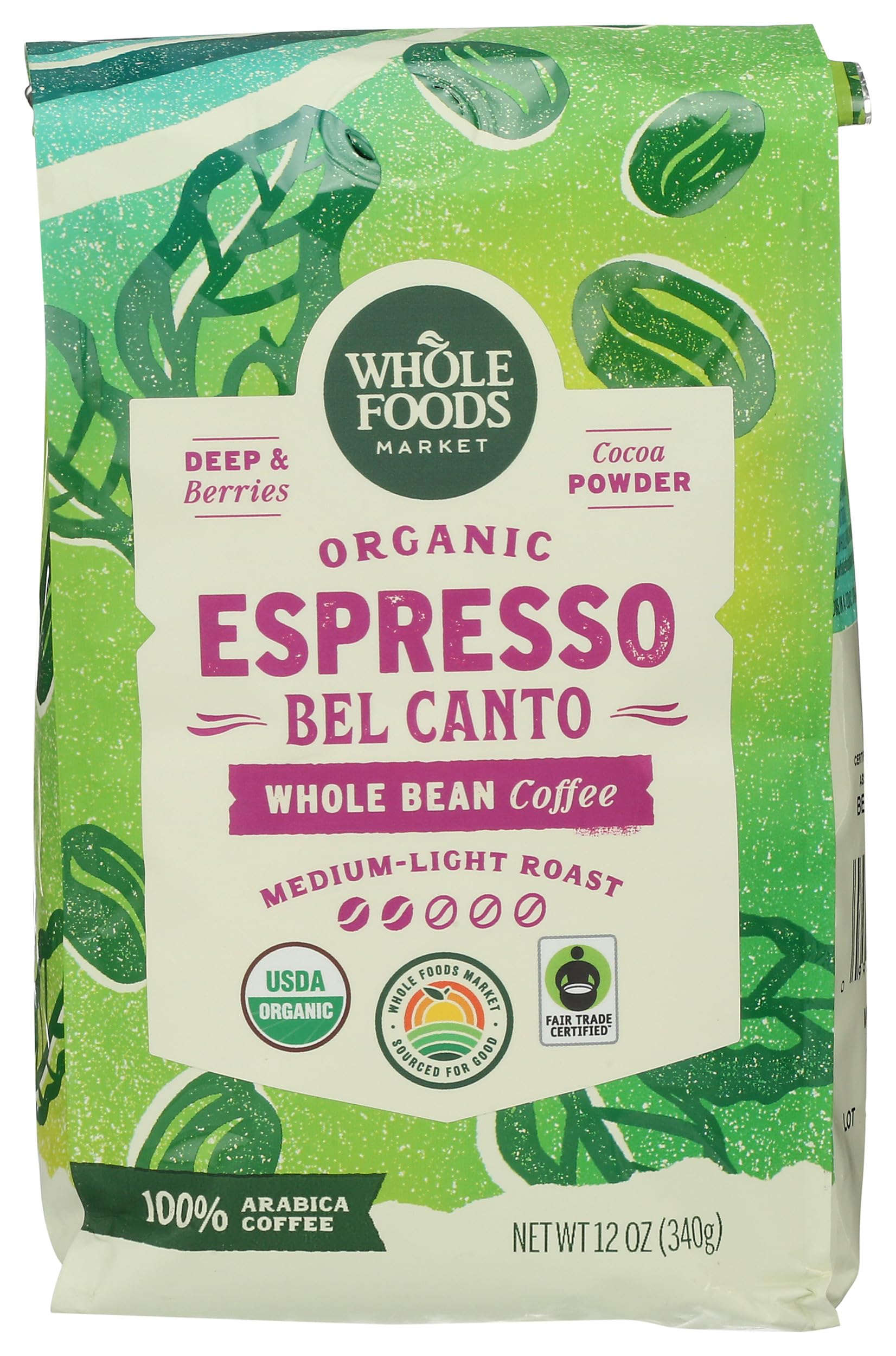 Organic Espresso Bel Canto Whole Bean Coffee, Medium-Light Roast, Berries & Cocoa Powder, 12 Ounce